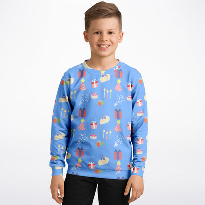 Kids Blue Birthday Pattern Sweatshirt – Cozy Cotton Fleece or Lightweight Sports Fabric