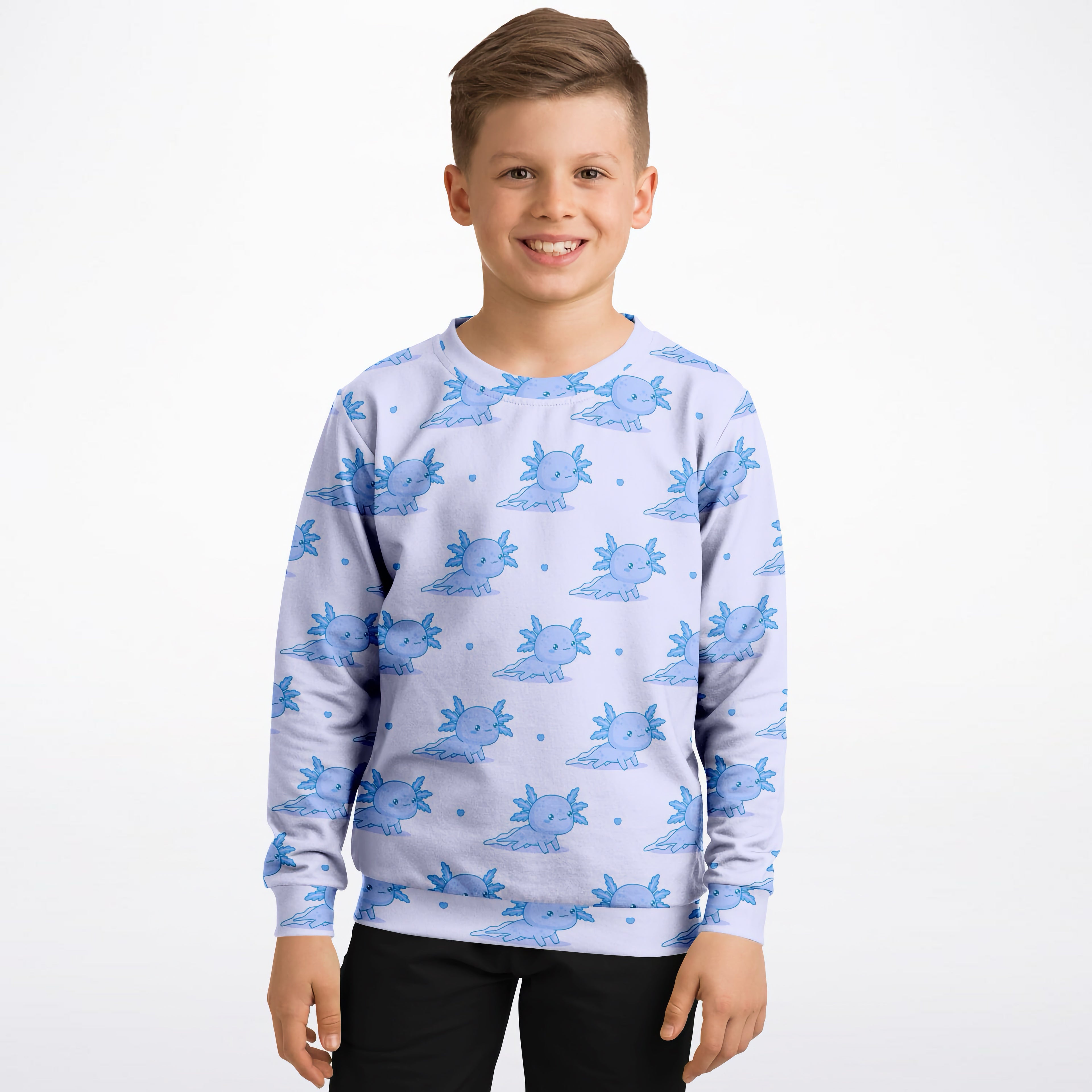 Kids Blue Axolotl Sweatshirt – Cozy Cotton Fleece or Lightweight Sports Fabric