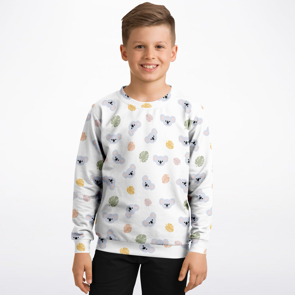 White kids koala bear sweatshirt with gray koala and pastel tropical leaf pattern made of cozy cotton fleece