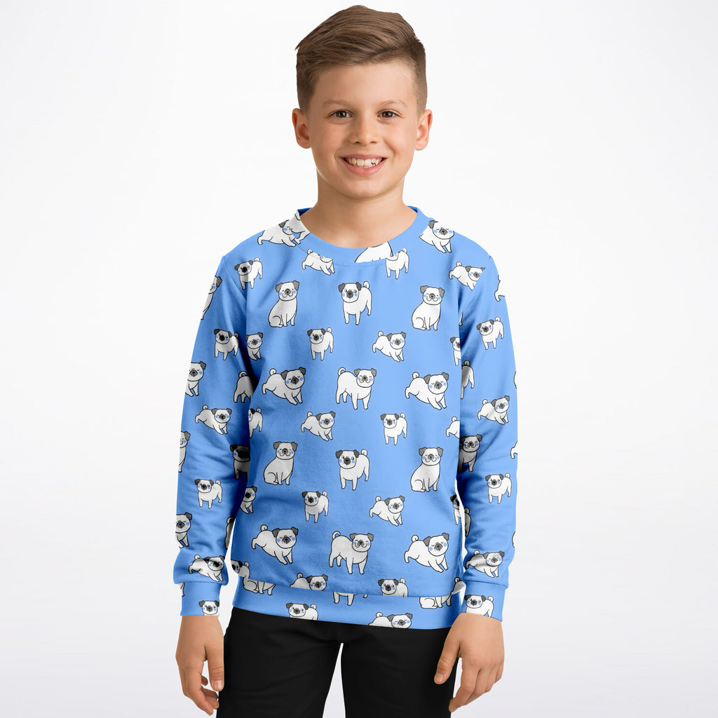 Kids Blue Pug Sweatshirt – Cozy Cotton Fleece or Lightweight Sports Fabric