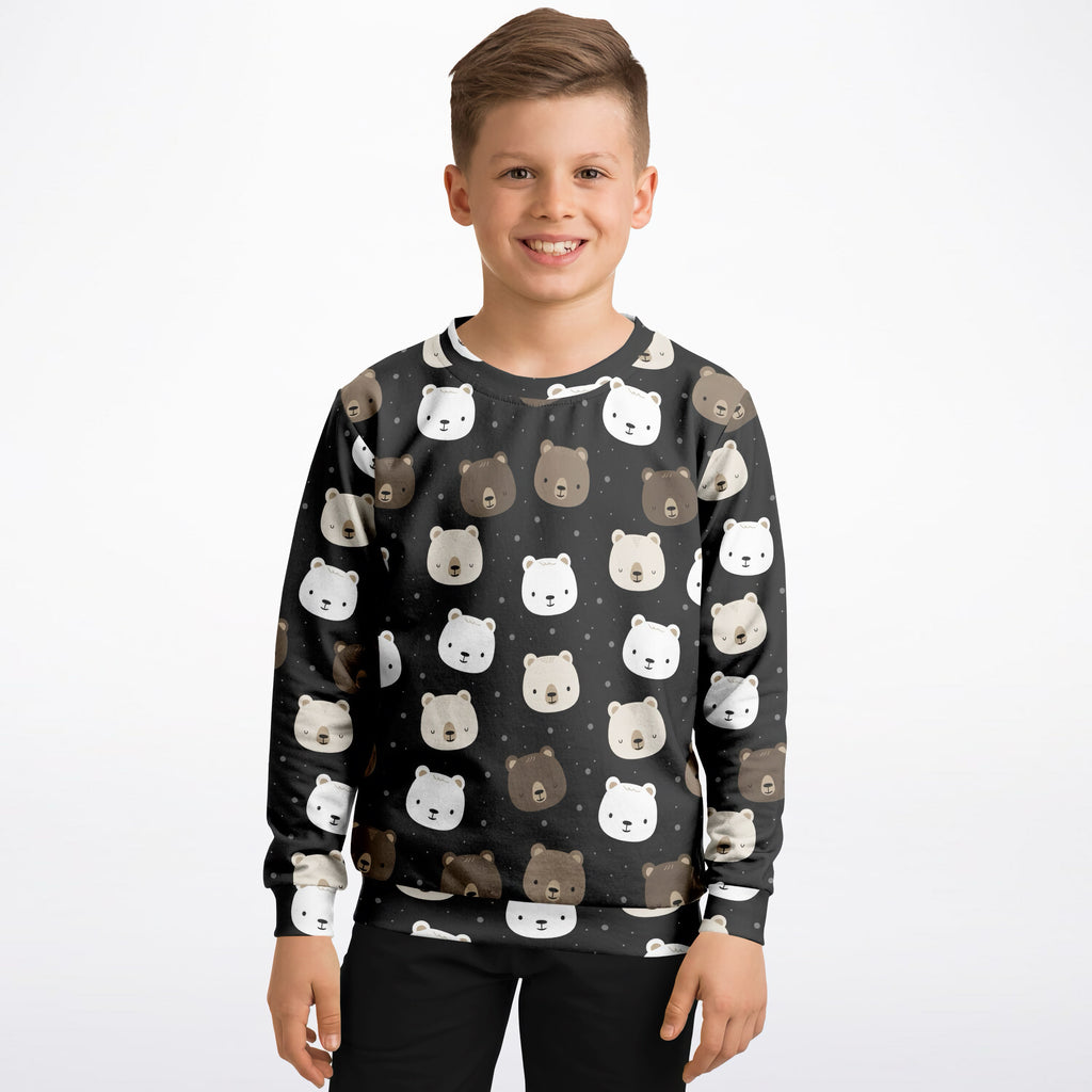 Black kids bear face sweatshirt with white and brown cartoon bear pattern made of cozy cotton fleece