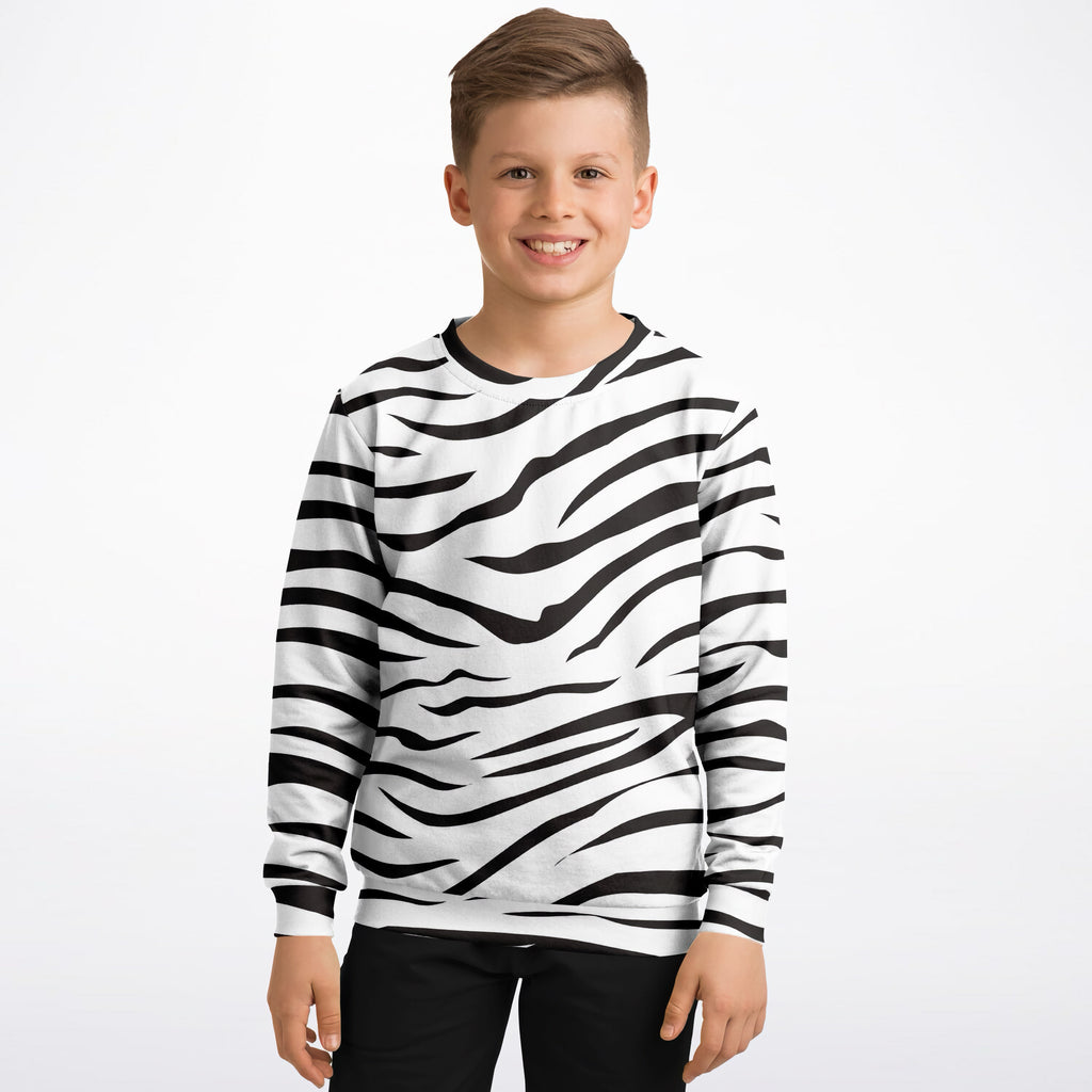 Kids zebra print sweatshirt featuring black and white stripes with a crew neck made from cozy cotton fleece
