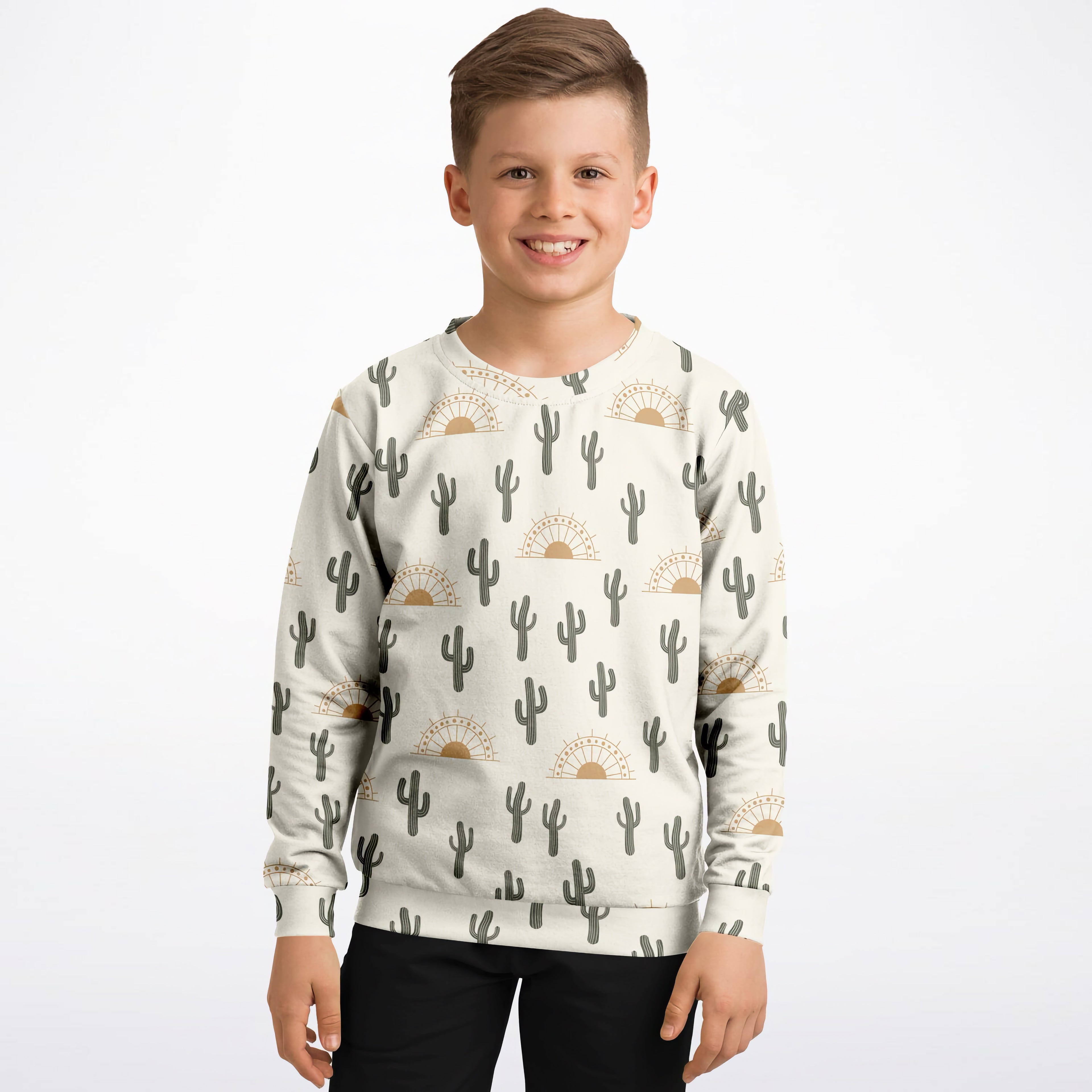 A child wearing a cream kids zebra print sweatshirt with gray cacti and gold sunburst on cozy cotton fleece