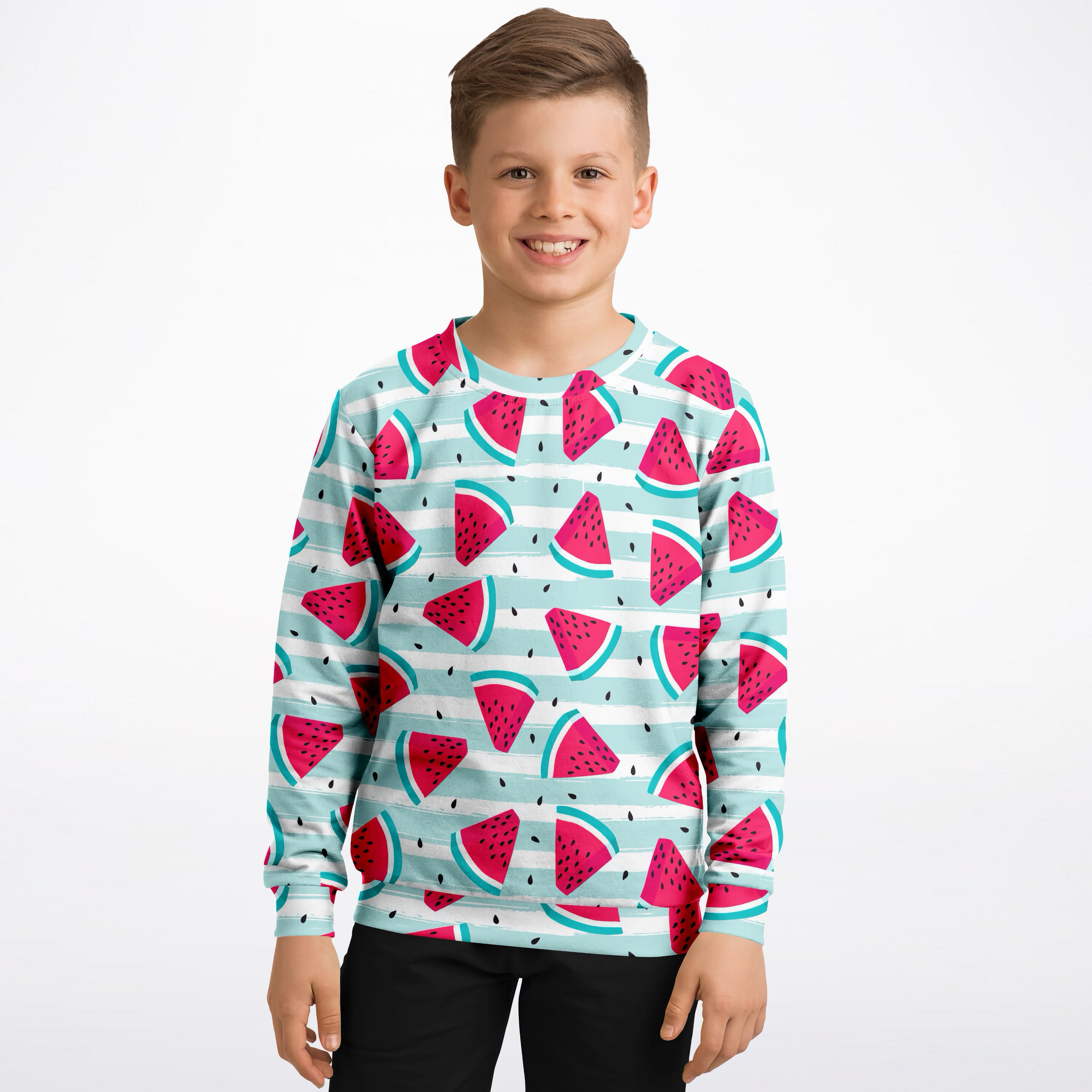 Kids striped watermelon sweatshirt with pink slices on teal and white stripes made from cozy cotton fleece