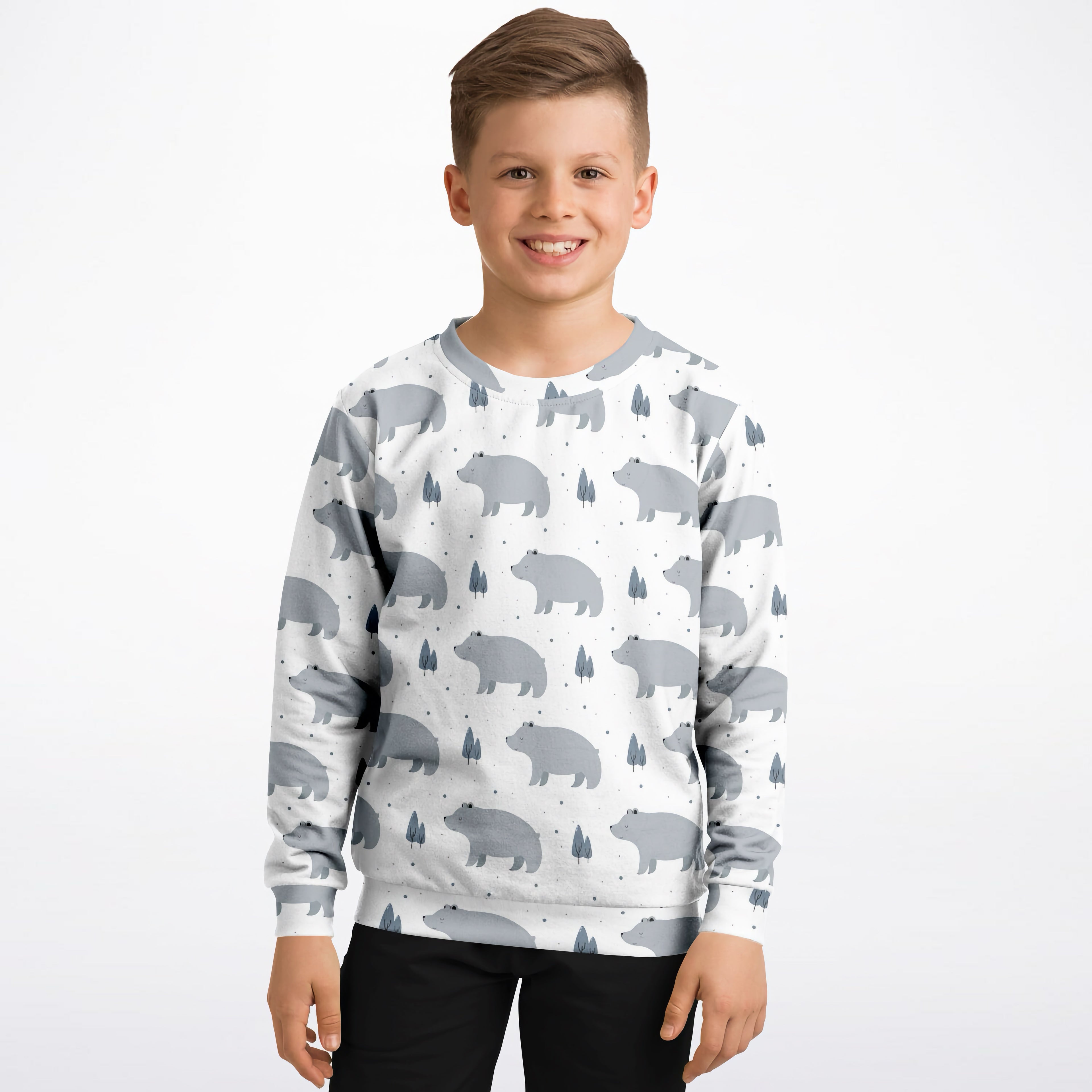 White kids polar bear sweatshirt with gray bear and tree pattern made of cozy cotton fleece or lightweight fabric