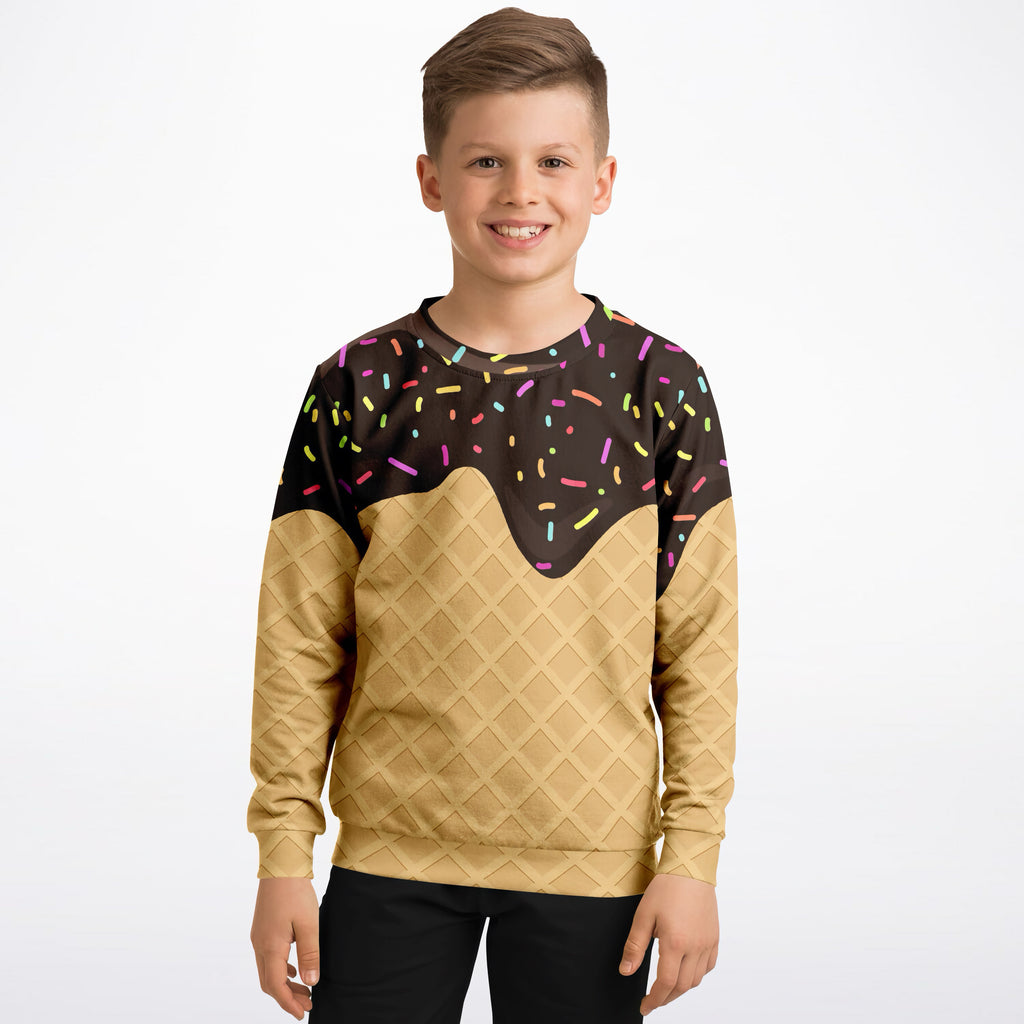 Kids Chocolate Ice Cream Cone Sweatshirt – Cozy Cotton Fleece or Lightweight Sports Fabric
