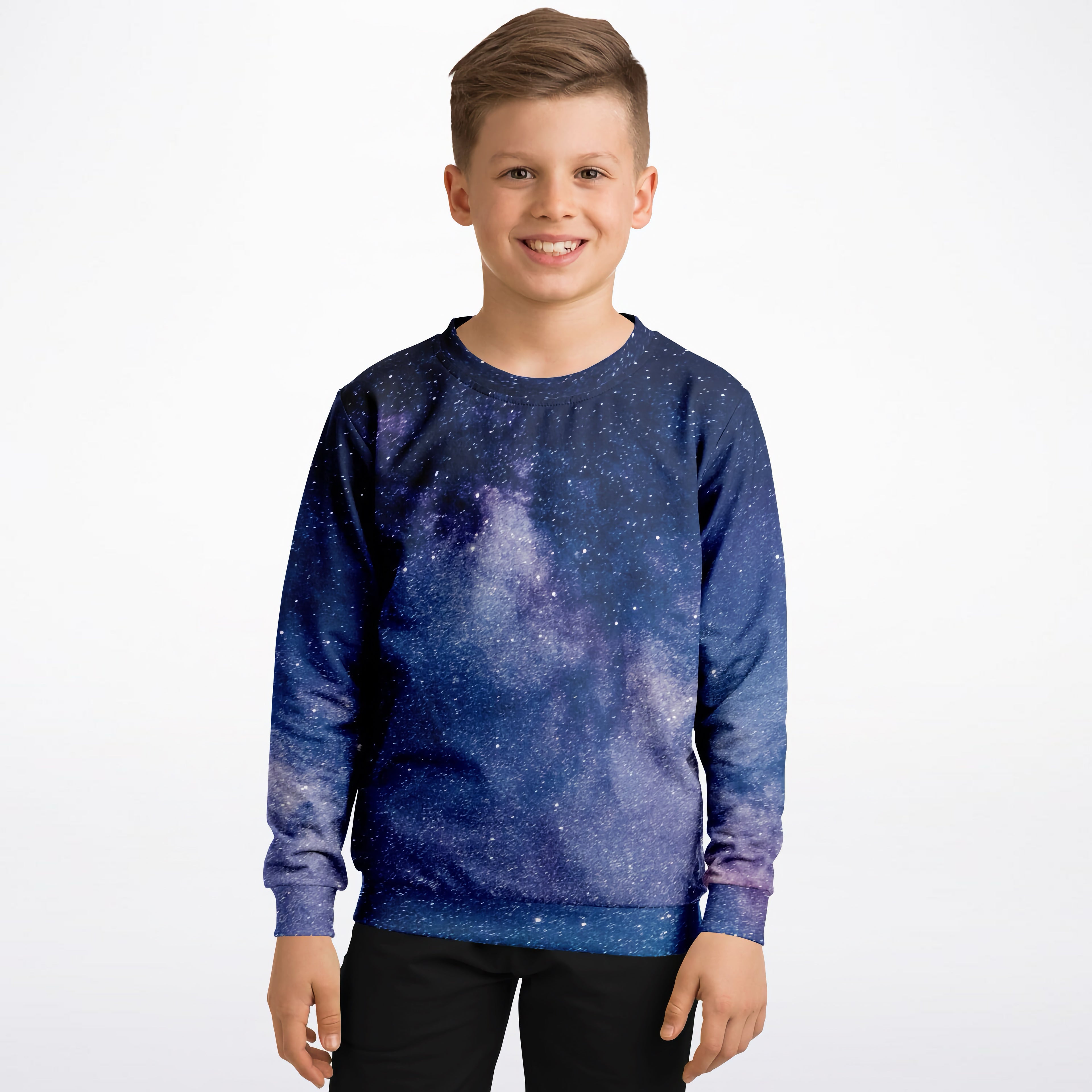 Kids navy blue and purple galaxy sweatshirt with starry night design made from cozy cotton fleece or lightweight fabric
