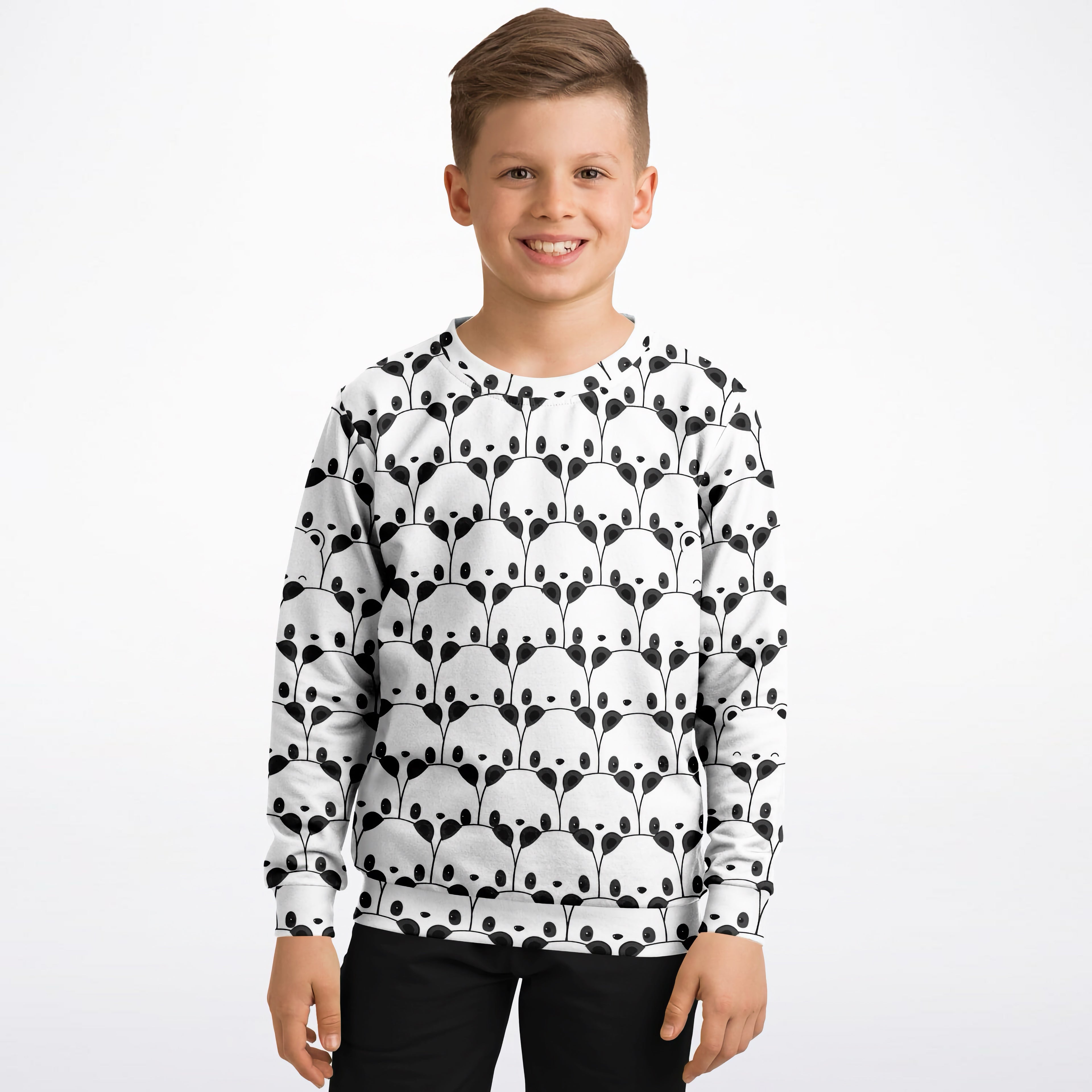 White kids panda sweatshirt with repeating black panda face pattern made of cozy cotton fleece or lightweight fabric