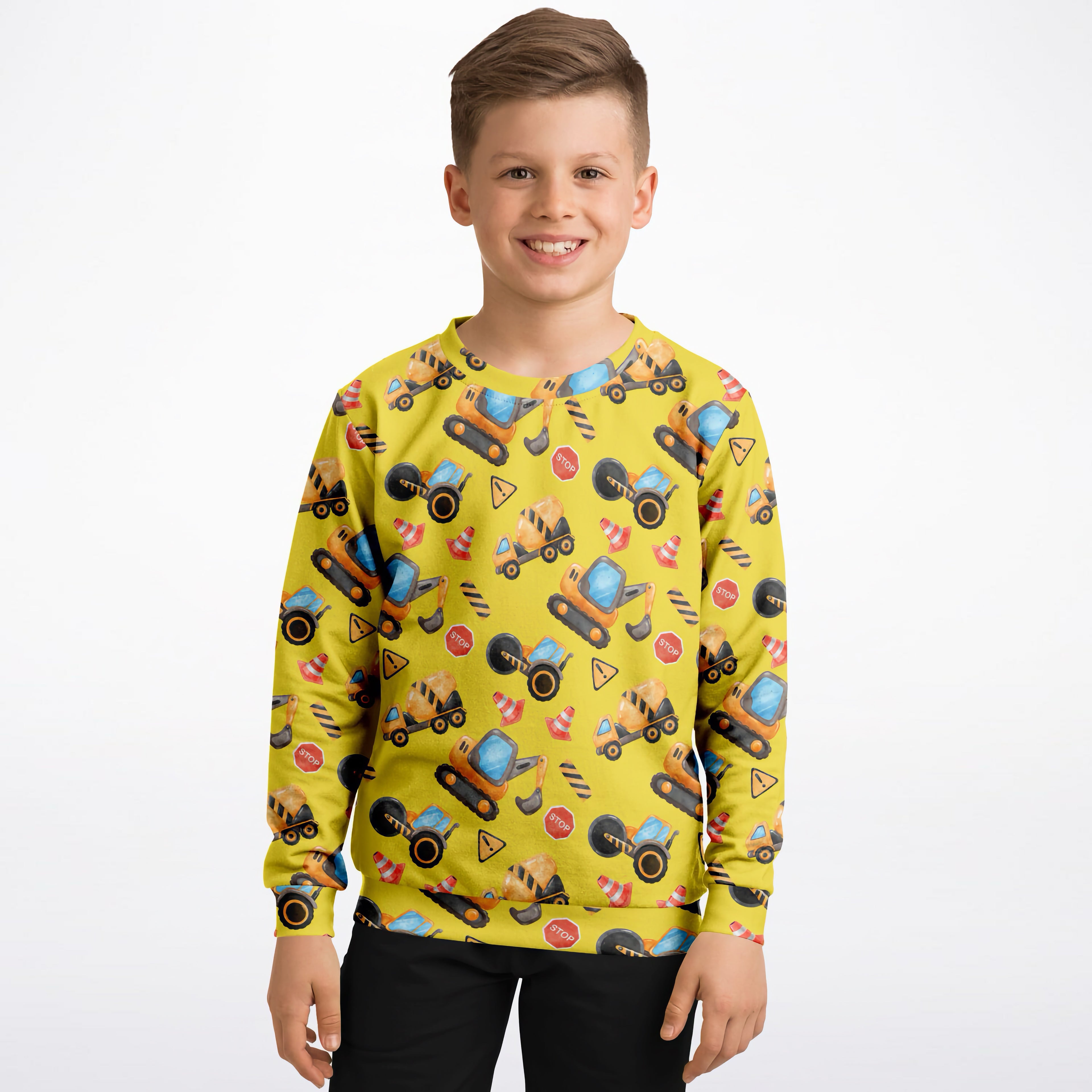 Bright yellow kids construction themed sweatshirt with playful all over print in cozy cotton fleece fabric