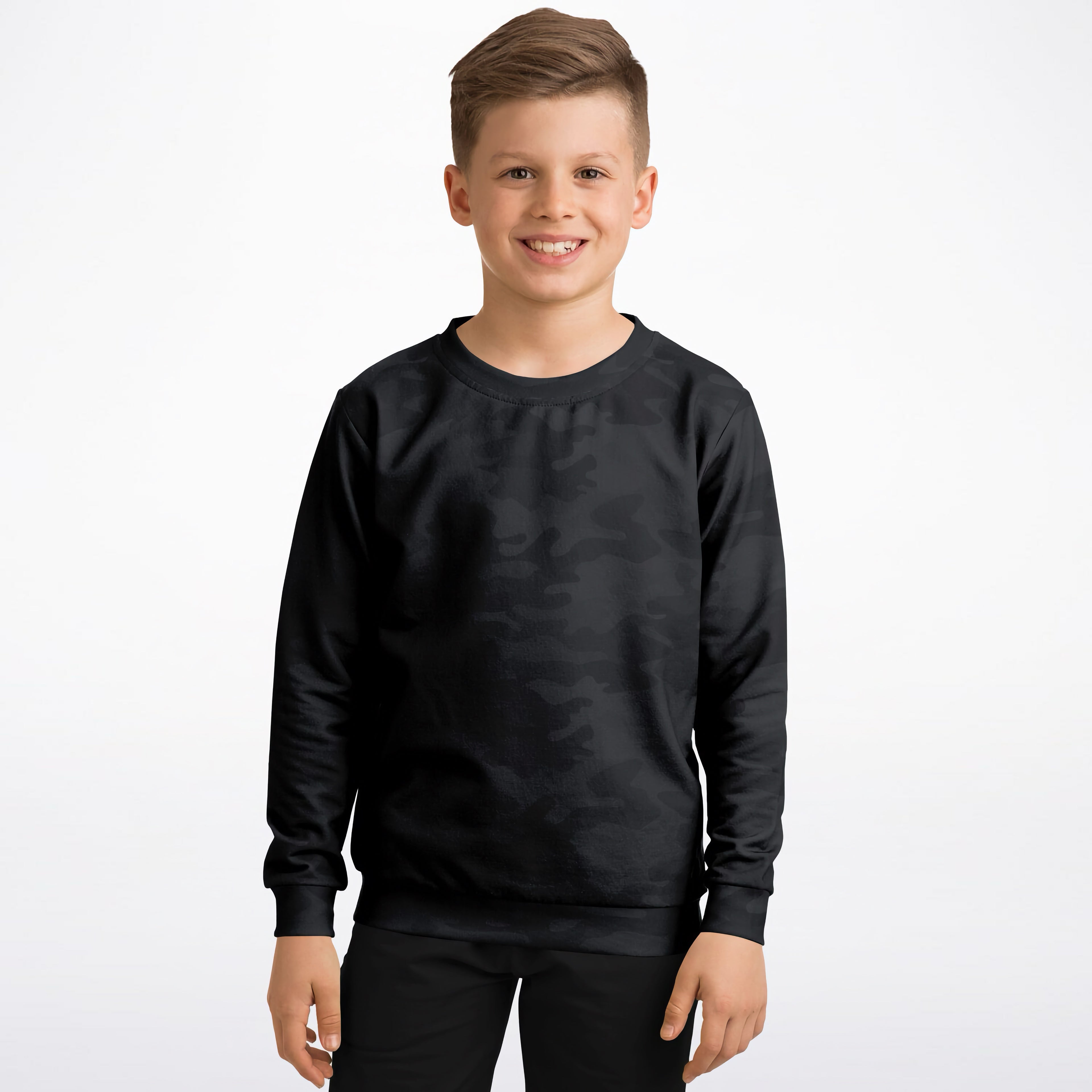 Kids black long-sleeved sweatshirt with subtle textured camouflage pattern made of cozy cotton fleece fabric