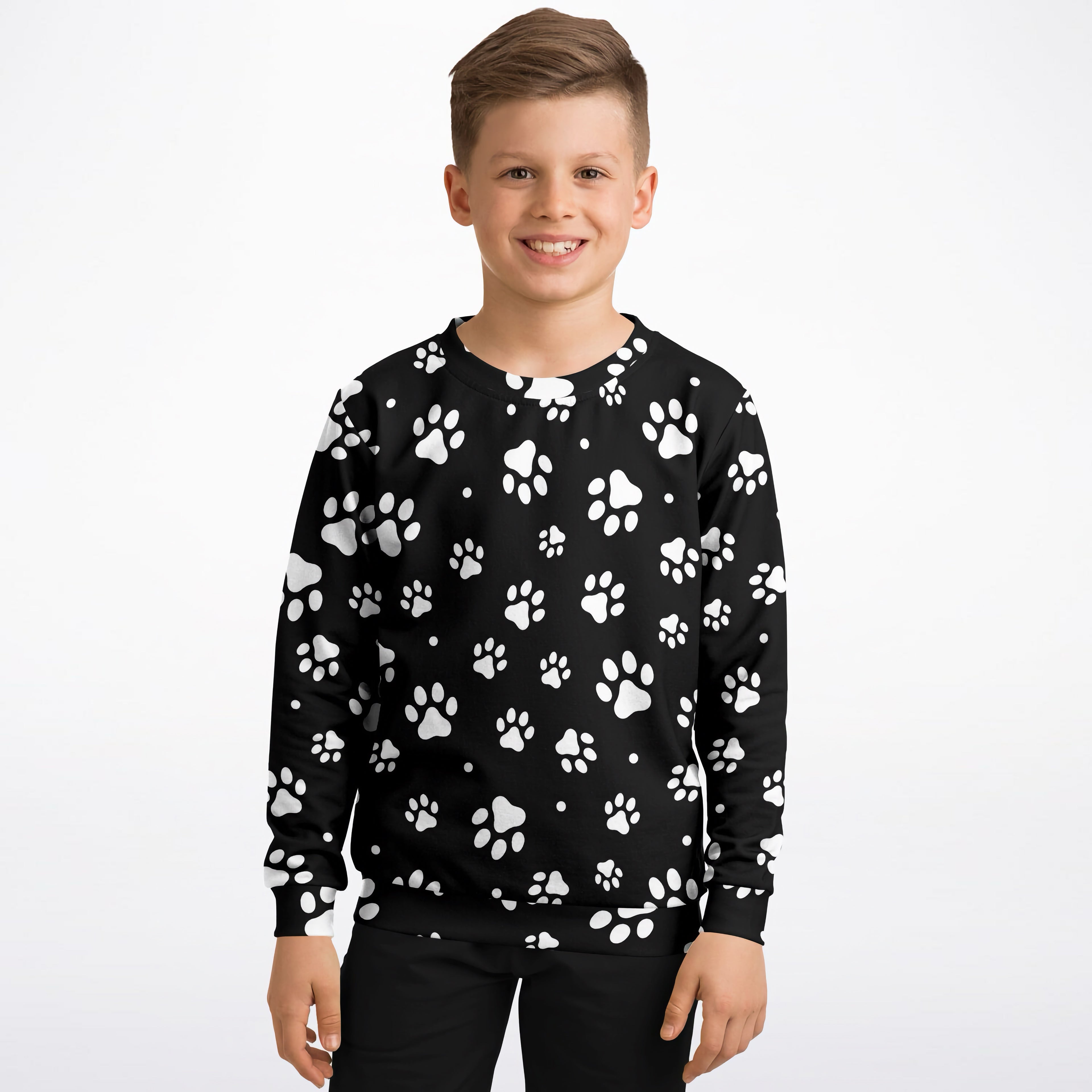 Black kids paw print sweatshirt with white paw prints in cozy cotton fleece or lightweight sports fabric