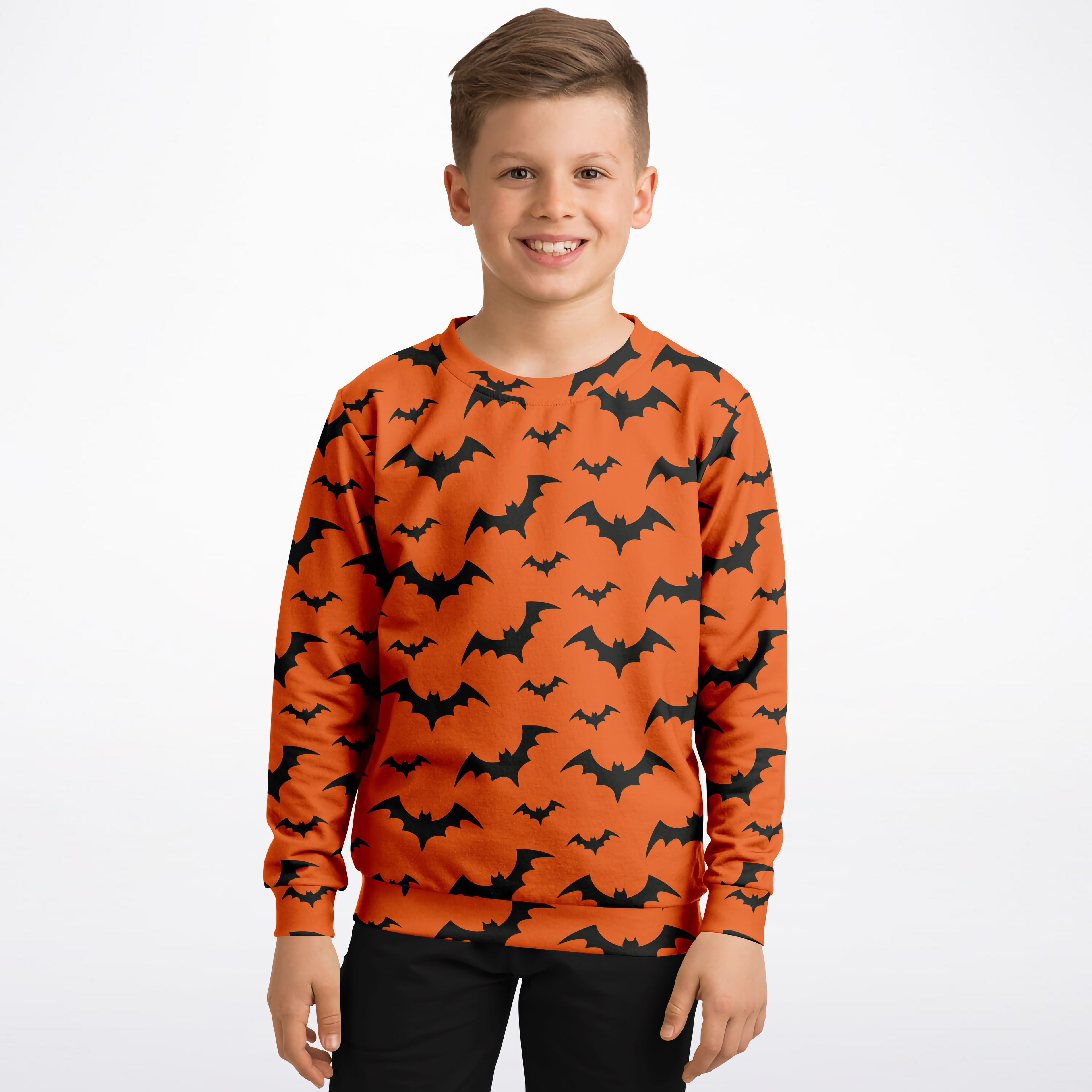 Kids orange bats halloween sweatshirt with black bat pattern made of cozy cotton fleece or lightweight sports fabric