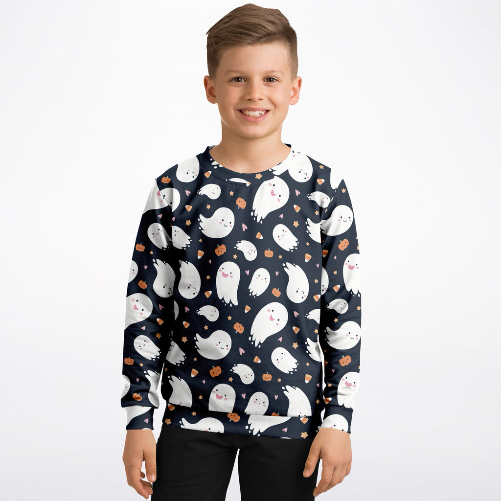 Navy blue kids ghost Halloween sweatshirt with white ghosts orange pumpkins stars cozy cotton fleece fabric