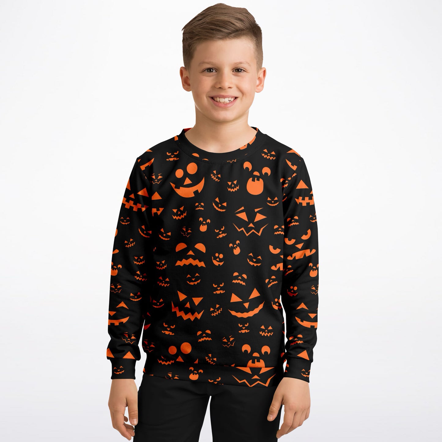 Kids Jack-O’-Lantern Halloween Sweatshirt – Cozy Cotton Fleece or Lightweight Sports Fabric