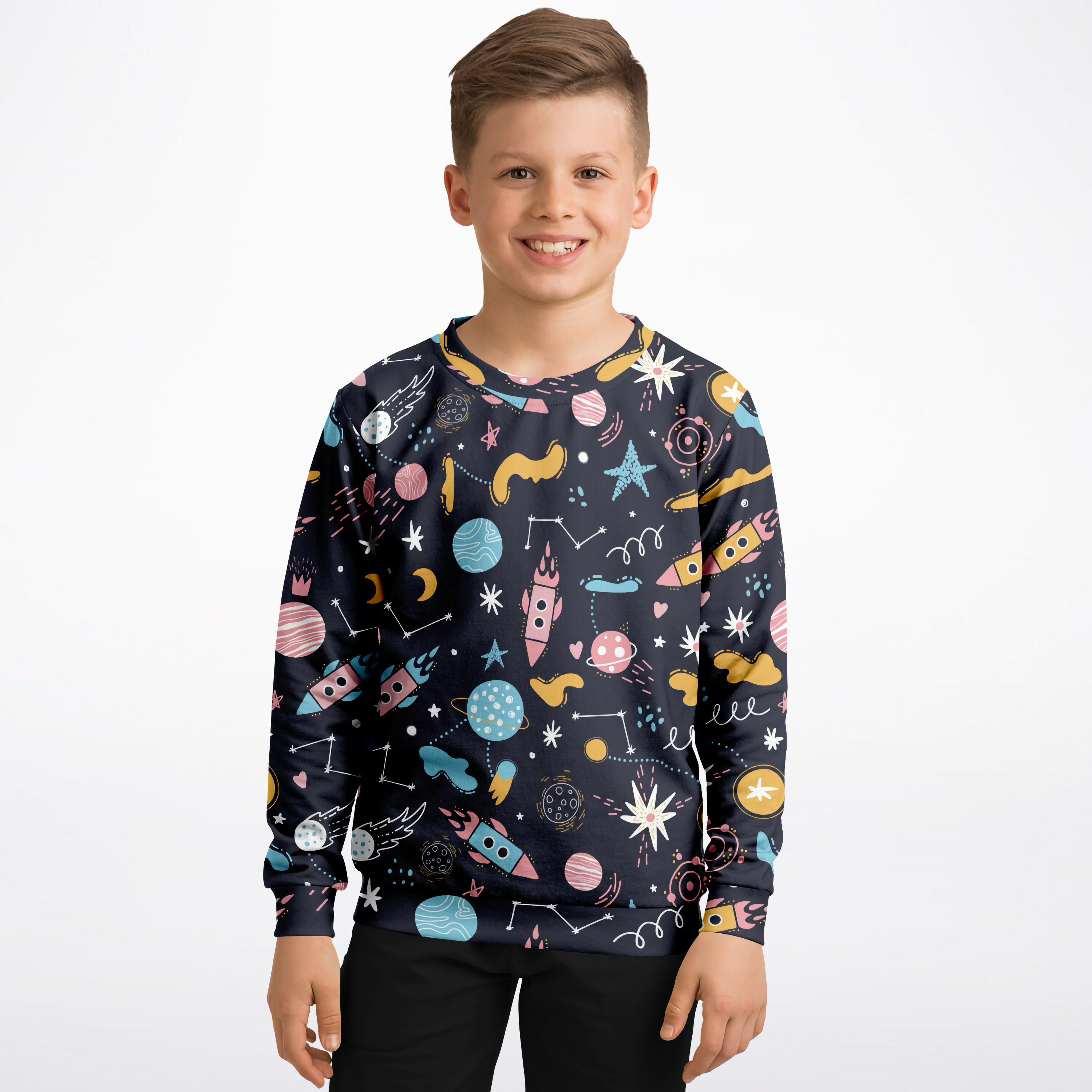Kids Outer Space Sweatshirt – Cozy Cotton Fleece or Lightweight Sports Fabric
