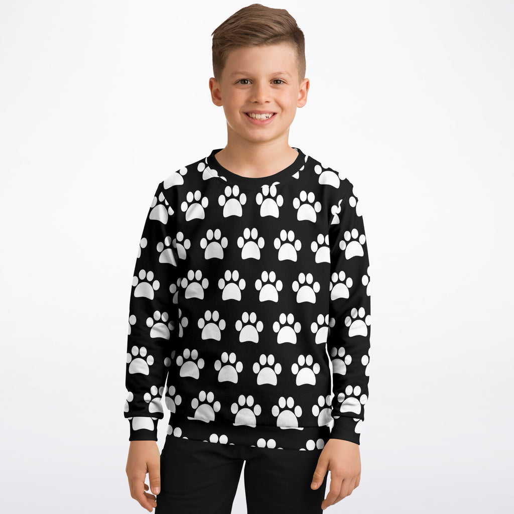Kids Black Paw Print Sweatshirt – Ultra Soft & Stretchy, Cozy Fleece or Lightweight Sports Fabric Sweatshirt – Ultra Soft & Stretchy, Cozy Fleece or Lightweight Sports Fabric