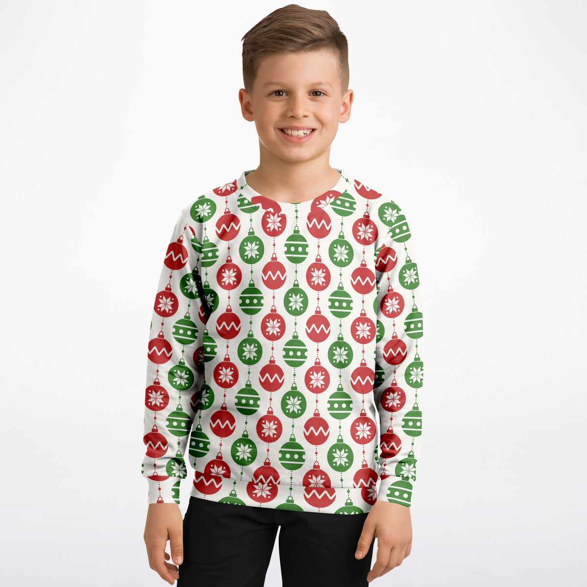 Kids Red & Green Christmas Ornament Sweatshirt – Ultra Soft & Stretchy, Cozy Fleece or Lightweight Sports Fabric Sweatshirt – Ultra Soft & Stretchy, Cozy Fleece or Lightweight Sports Fabric