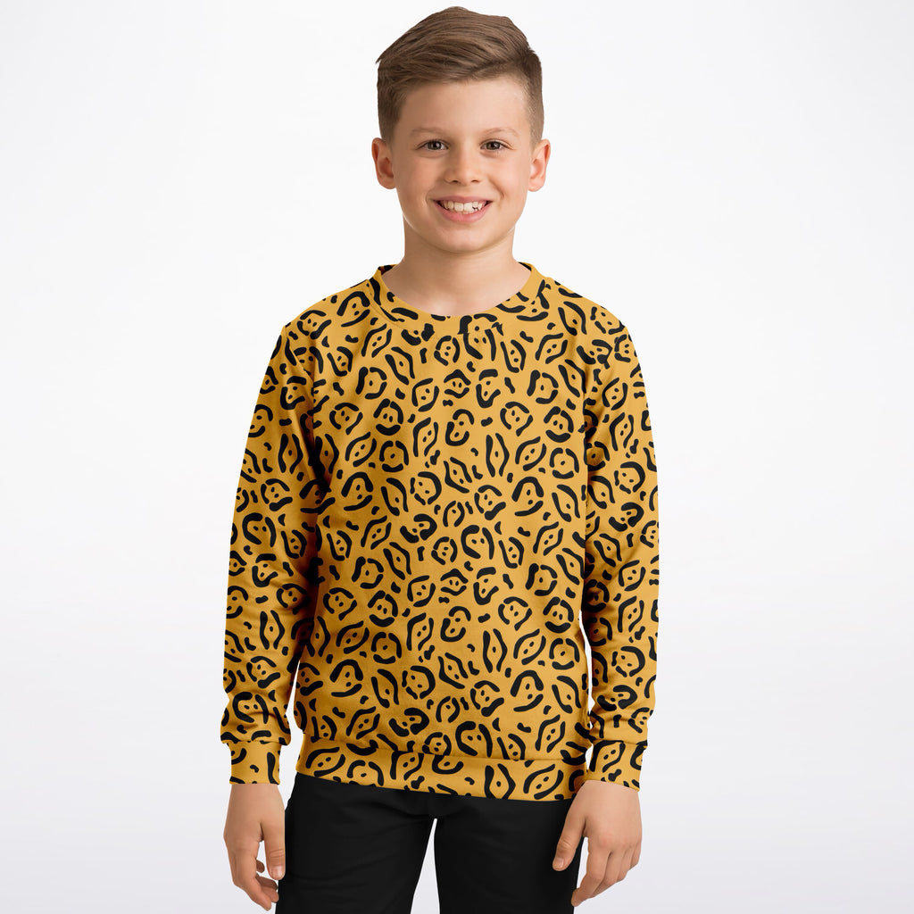 Kids Mustard Yellow Leopard Print Sweatshirt – Ultra Soft & Stretchy, Cozy Fleece or Lightweight Sports Fabric Sweatshirt – Ultra Soft & Stretchy, Cozy Fleece or Lightweight Sports Fabric