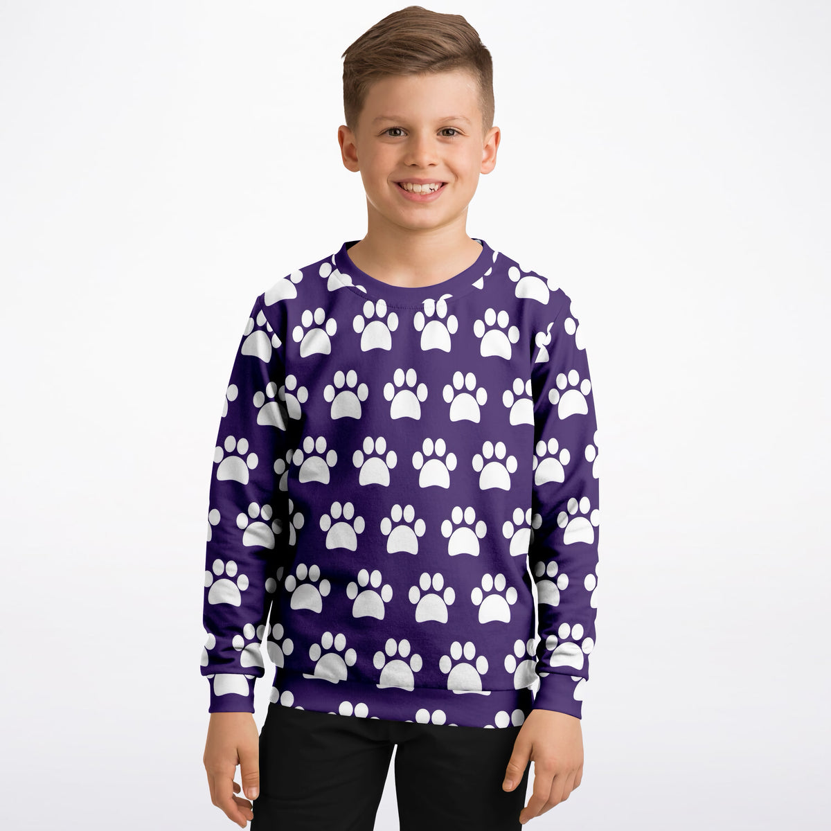 Kids Dark Purple Paw Print Sweatshirt – Ultra Soft & Stretchy, Cozy Fleece or Lightweight Sports Fabric Sweatshirt – Ultra Soft & Stretchy, Cozy Fleece or Lightweight Sports Fabric