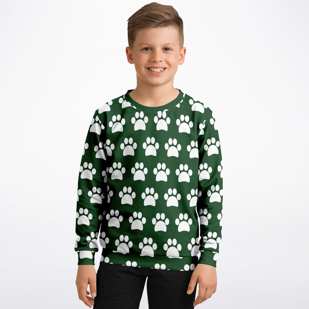 Kids Forest Green Paw Print Sweatshirt – Ultra Soft & Stretchy, Cozy Fleece or Lightweight Sports Fabric Sweatshirt – Ultra Soft & Stretchy, Cozy Fleece or Lightweight Sports Fabric
