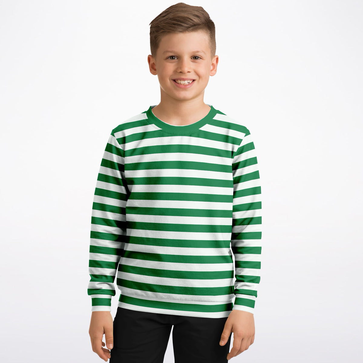 Kids Green Christmas Striped Sweatshirt – Ultra Soft & Stretchy, Cozy Fleece or Lightweight Sports Fabric Sweatshirt – Ultra Soft & Stretchy, Cozy Fleece or Lightweight Sports Fabric