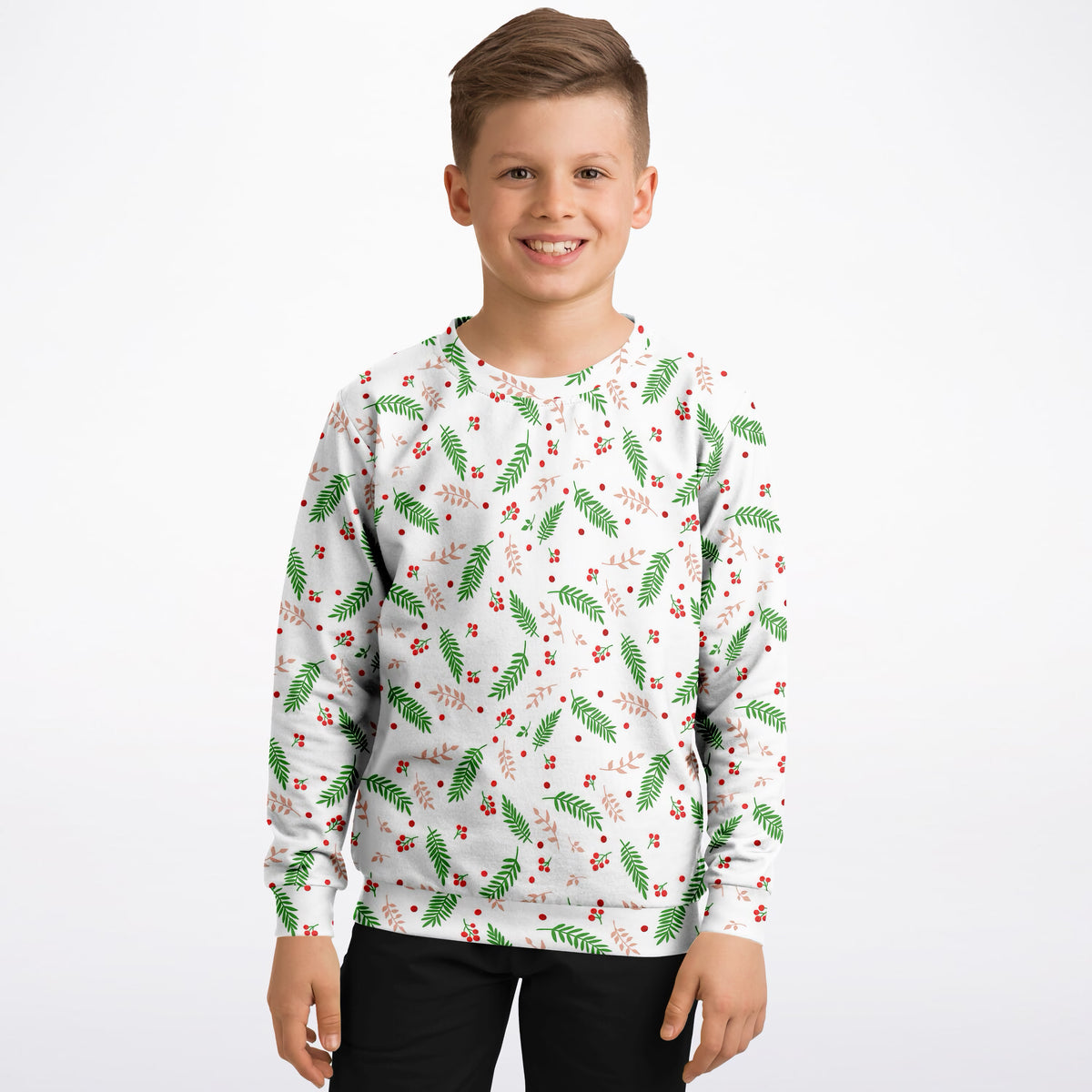 Kids Christmas Greenery and Red Berry Sweatshirt – Ultra Soft & Stretchy, Cozy Fleece or Lightweight Sports Fabric Sweatshirt – Ultra Soft & Stretchy, Cozy Fleece or Lightweight Sports Fabric