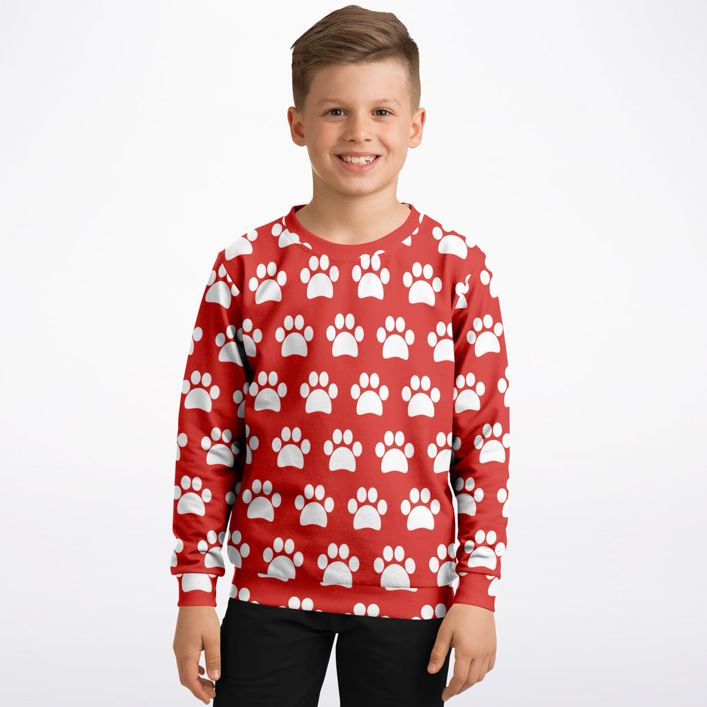 Kids Red Paw Print Sweatshirt – Ultra Soft & Stretchy, Cozy Fleece or Lightweight Sports Fabric Sweatshirt – Ultra Soft & Stretchy, Cozy Fleece or Lightweight Sports Fabric