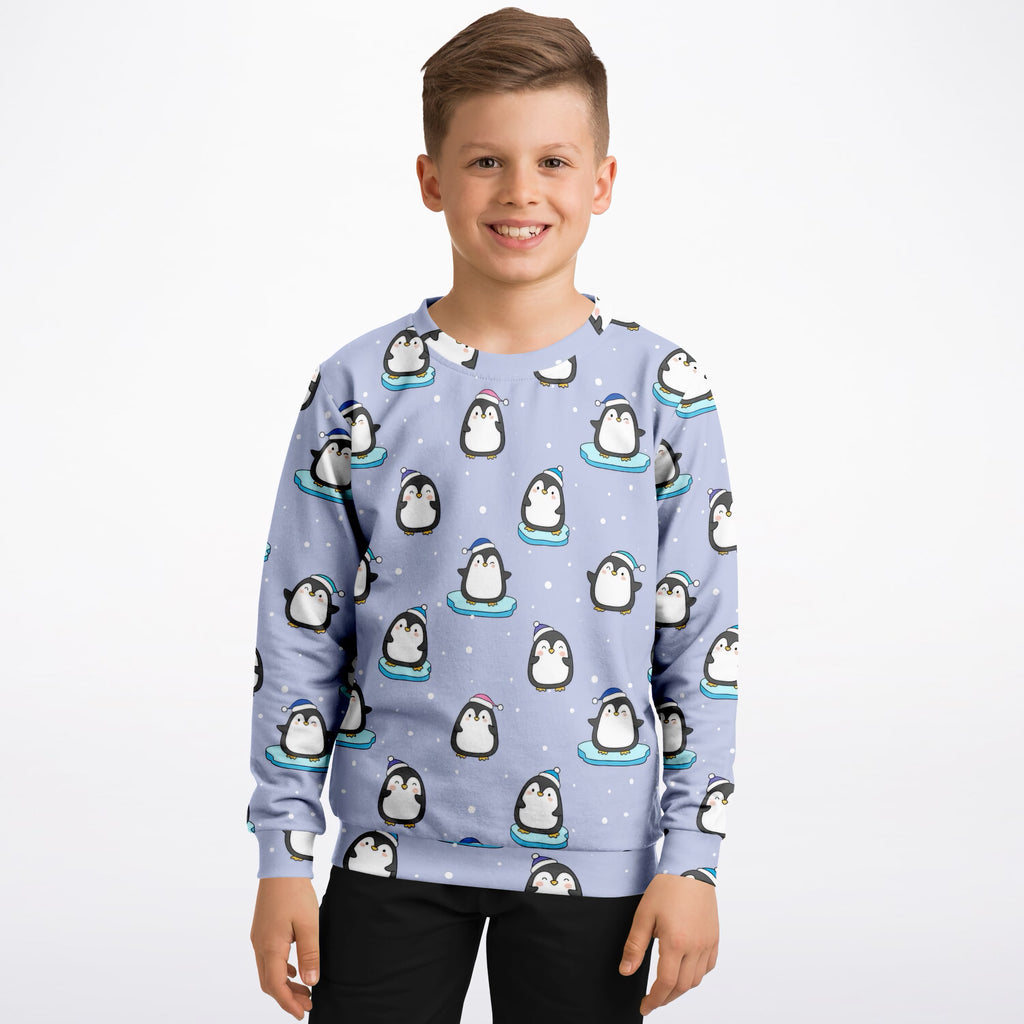 Kids Light Purple Penguin & Snowman Christmas Sweatshirt – Ultra Soft & Stretchy, Cozy Fleece or Lightweight Sports Fabric Sweatshirt – Ultra Soft & Stretchy, Cozy Fleece or Lightweight Sports Fabric