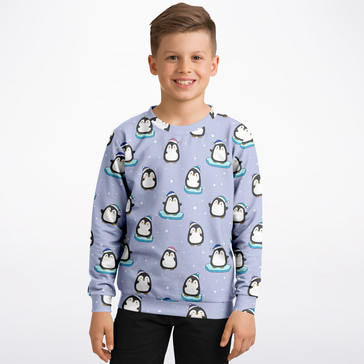 Kids Light Purple Penguin & Snowman Christmas Sweatshirt – Ultra Soft & Stretchy, Cozy Fleece or Lightweight Sports Fabric Sweatshirt – Ultra Soft & Stretchy, Cozy Fleece or Lightweight Sports Fabric