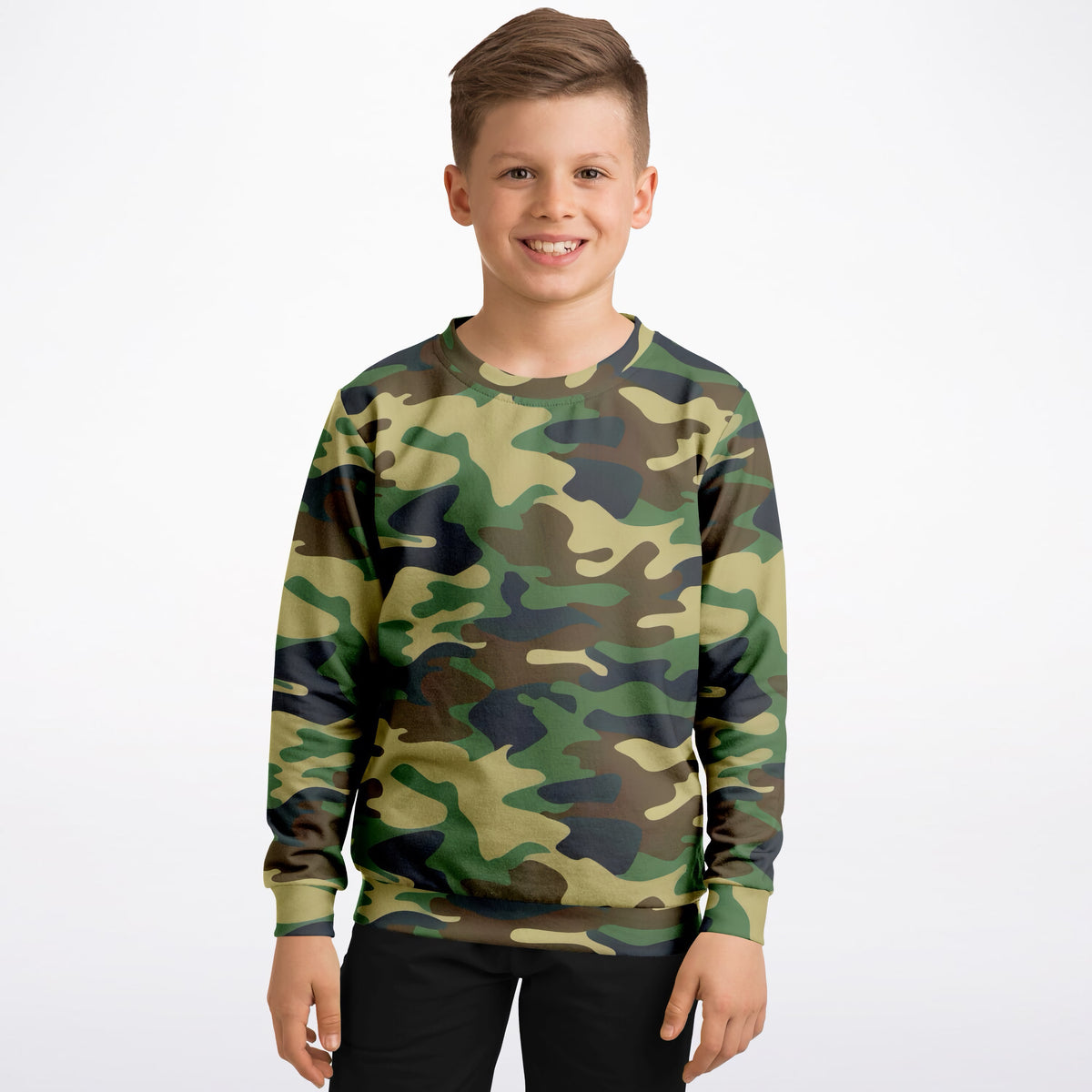 Kids Green Woodland Camouflage Sweatshirt – Ultra Soft & Stretchy, Cozy Fleece or Lightweight Sports Fabric Sweatshirt – Ultra Soft & Stretchy, Cozy Fleece or Lightweight Sports Fabric