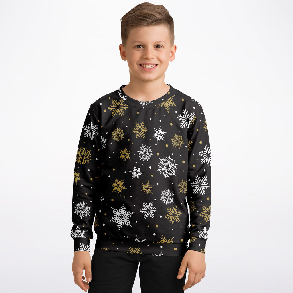 Kids Gold Snowflake Christmas Sweatshirt – Ultra Soft & Stretchy, Cozy Fleece or Lightweight Sports Fabric Sweatshirt – Ultra Soft & Stretchy, Cozy Fleece or Lightweight Sports Fabric