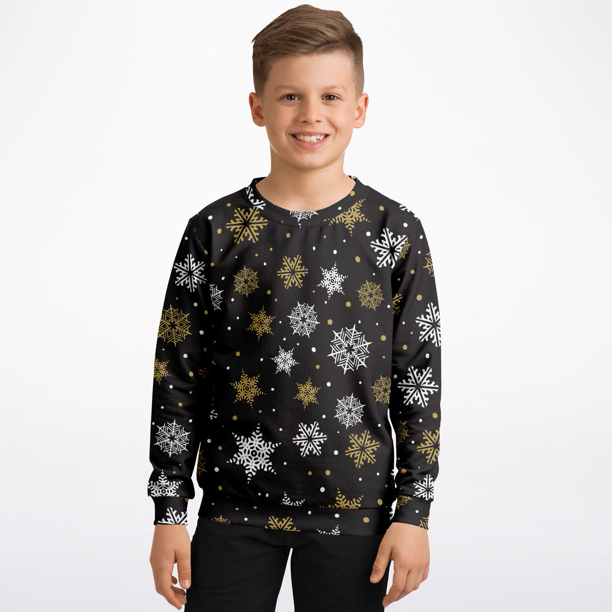 Kids Gold Snowflake Christmas Sweatshirt – Ultra Soft & Stretchy, Cozy Fleece or Lightweight Sports Fabric Sweatshirt – Ultra Soft & Stretchy, Cozy Fleece or Lightweight Sports Fabric