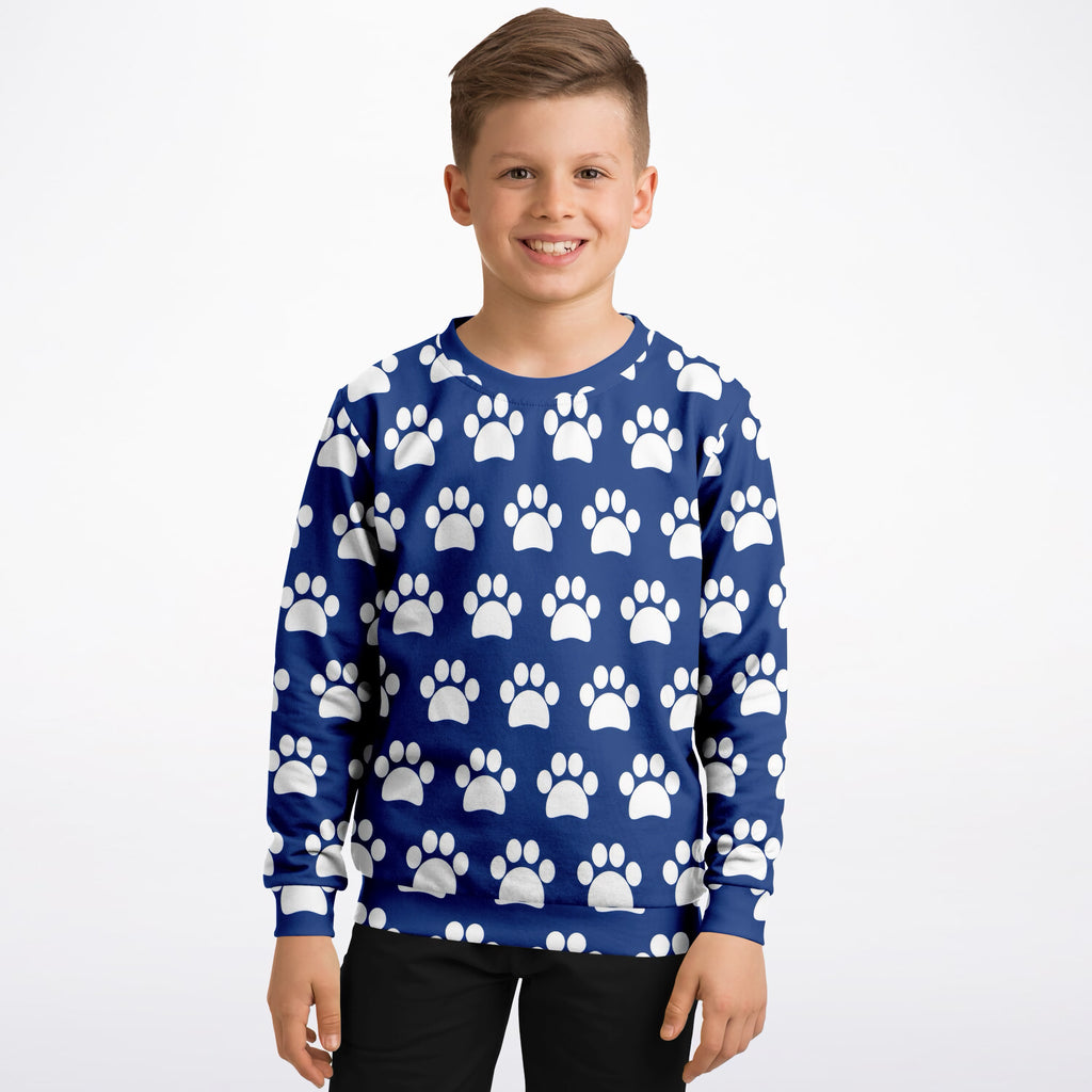 Kids Dark Blue Paw Print Sweatshirt – Ultra Soft & Stretchy, Cozy Fleece or Lightweight Sports Fabric Sweatshirt – Ultra Soft & Stretchy, Cozy Fleece or Lightweight Sports Fabric
