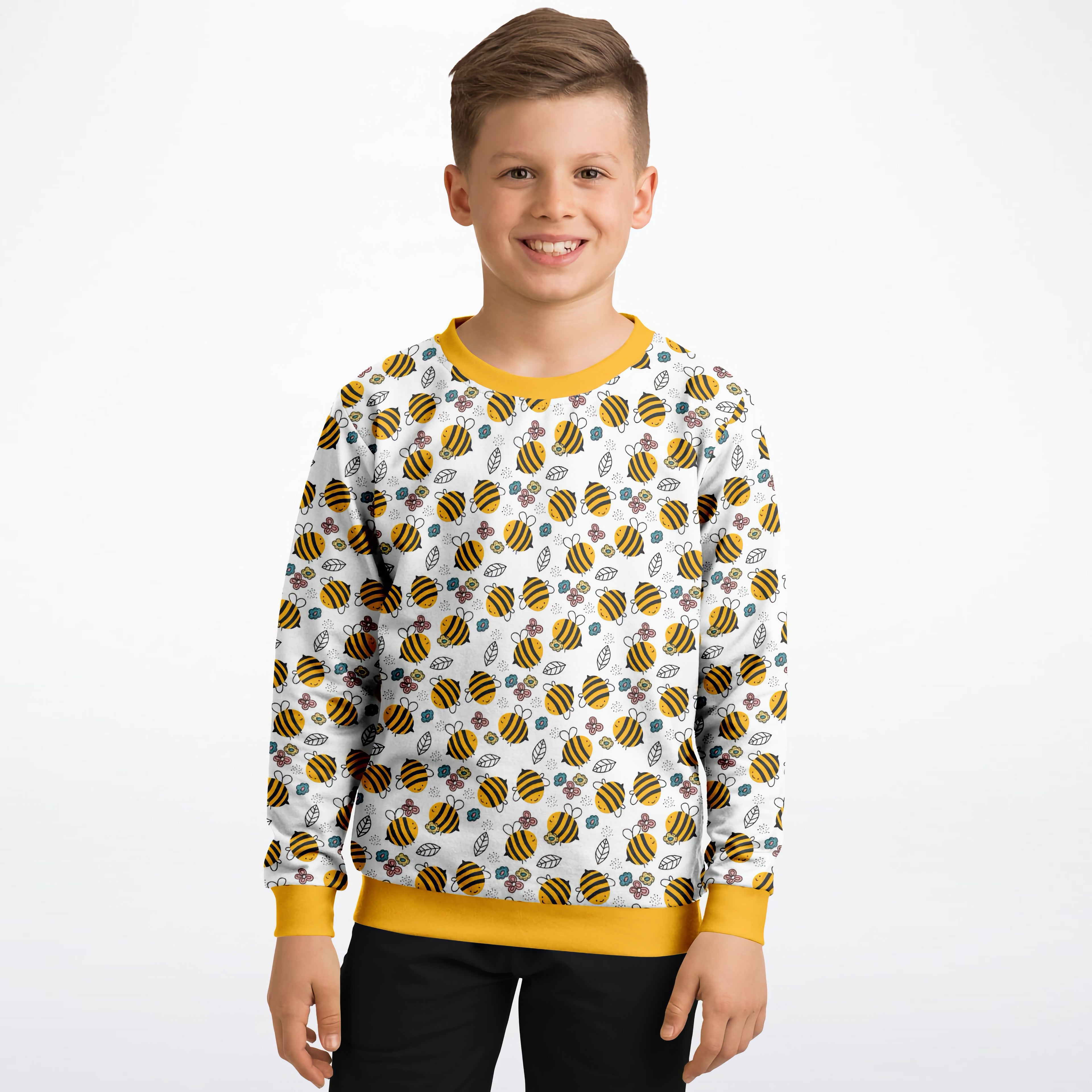 Kids bumble bee sweatshirt white long-sleeved with yellow trim cotton fleece featuring cartoon bees leaves and flowers pattern