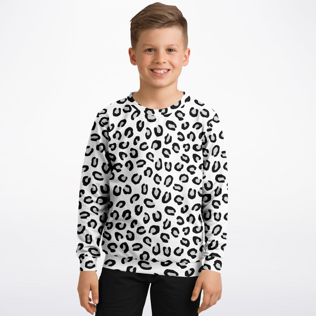 Kids Black & White Leopard Print Sweatshirt – Ultra Soft & Stretchy, Cozy Fleece or Lightweight Sports Fabric Sweatshirt – Ultra Soft & Stretchy, Cozy Fleece or Lightweight Sports Fabric