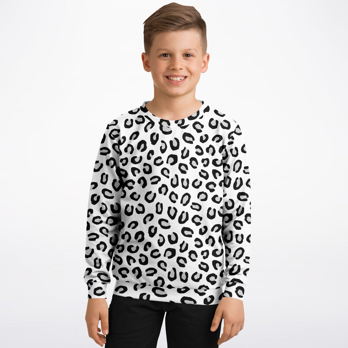 Kids Black & White Leopard Print Sweatshirt – Ultra Soft & Stretchy, Cozy Fleece or Lightweight Sports Fabric Sweatshirt – Ultra Soft & Stretchy, Cozy Fleece or Lightweight Sports Fabric