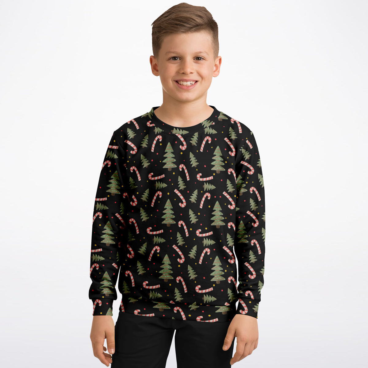Kids Christmas Tree & Candy Cane Sweatshirt – Ultra Soft & Stretchy, Cozy Fleece or Lightweight Sports Fabric Sweatshirt – Ultra Soft & Stretchy, Cozy Fleece or Lightweight Sports Fabric