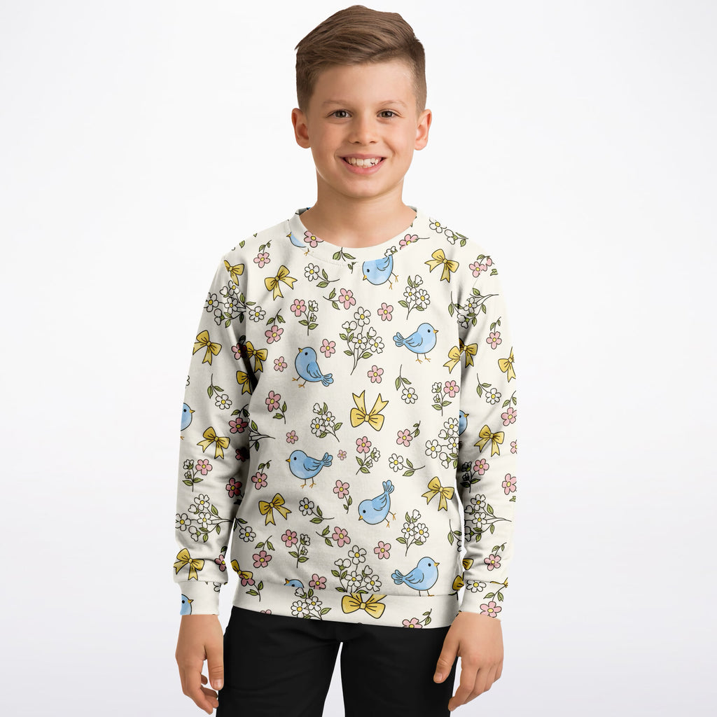 Girls Floral Blue Bird Sweatshirt – Ultra Soft & Stretchy, Cozy Fleece or Lightweight Sports Fabric Sweatshirt – Ultra Soft & Stretchy, Cozy Fleece or Lightweight Sports Fabric