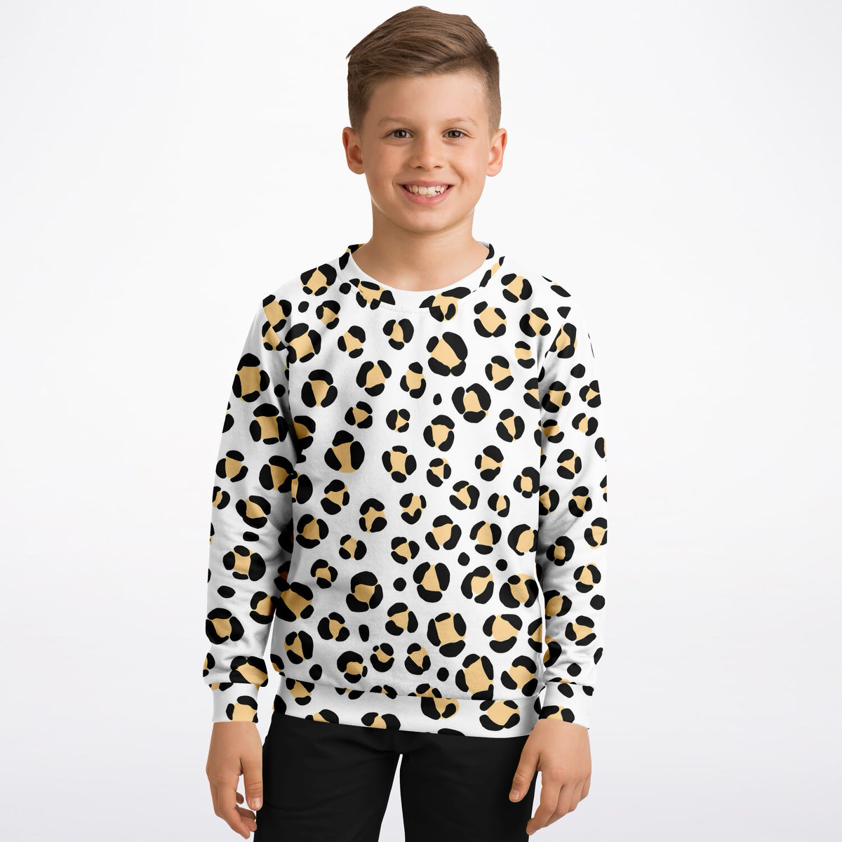 Kids Black & Tan Leopard Print Sweatshirt – Ultra Soft & Stretchy, Cozy Fleece or Lightweight Sports Fabric Sweatshirt – Ultra Soft & Stretchy, Cozy Fleece or Lightweight Sports Fabric