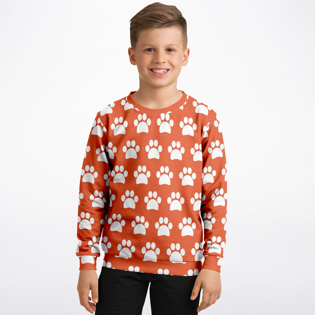 Kids Bright Orange Paw Print Sweatshirt – Ultra Soft & Stretchy, Cozy Fleece or Lightweight Sports Fabric Sweatshirt – Ultra Soft & Stretchy, Cozy Fleece or Lightweight Sports Fabric
