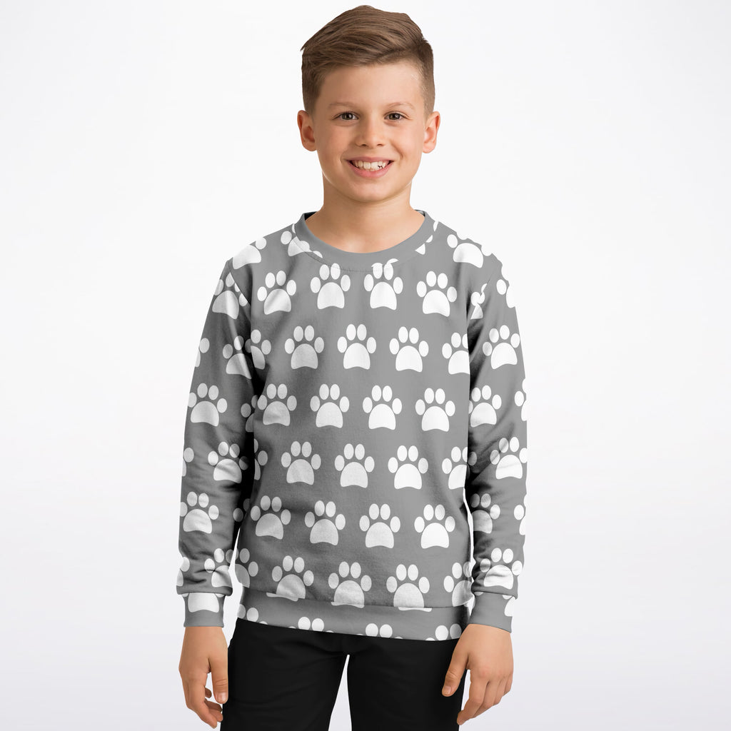 Kids Gray Paw Print Sweatshirt – Ultra Soft & Stretchy, Cozy Fleece or Lightweight Sports Fabric Sweatshirt – Ultra Soft & Stretchy, Cozy Fleece or Lightweight Sports Fabric