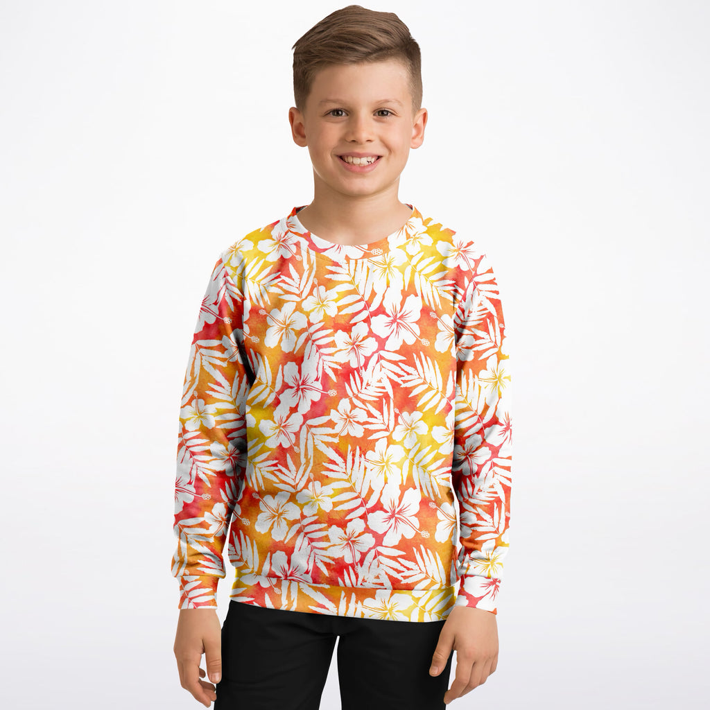 Kids Orange Tropical Hibiscus Sweatshirt – Ultra Soft & Stretchy, Cozy Fleece or Lightweight Sports Fabric Sweatshirt – Ultra Soft & Stretchy, Cozy Fleece or Lightweight Sports Fabric
