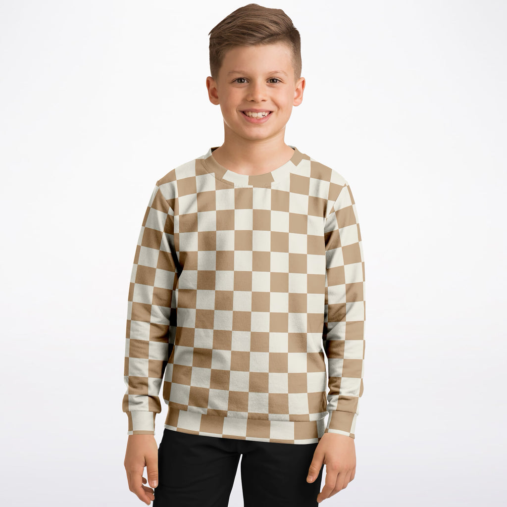 Kids Beige Checkered Sweatshirt – Ultra Soft & Stretchy, Cozy Fleece or Lightweight Sports Fabric Sweatshirt – Ultra Soft & Stretchy, Cozy Fleece or Lightweight Sports Fabric