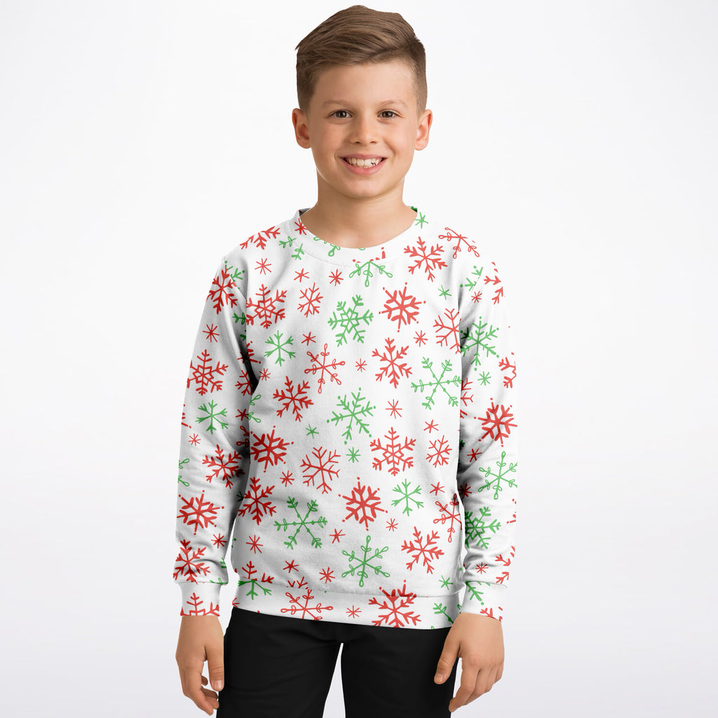 Kids Red & Green Snowflakes Christmas Sweatshirt – Ultra Soft & Stretchy, Cozy Fleece or Lightweight Sports Fabric Sweatshirt – Ultra Soft & Stretchy, Cozy Fleece or Lightweight Sports Fabric