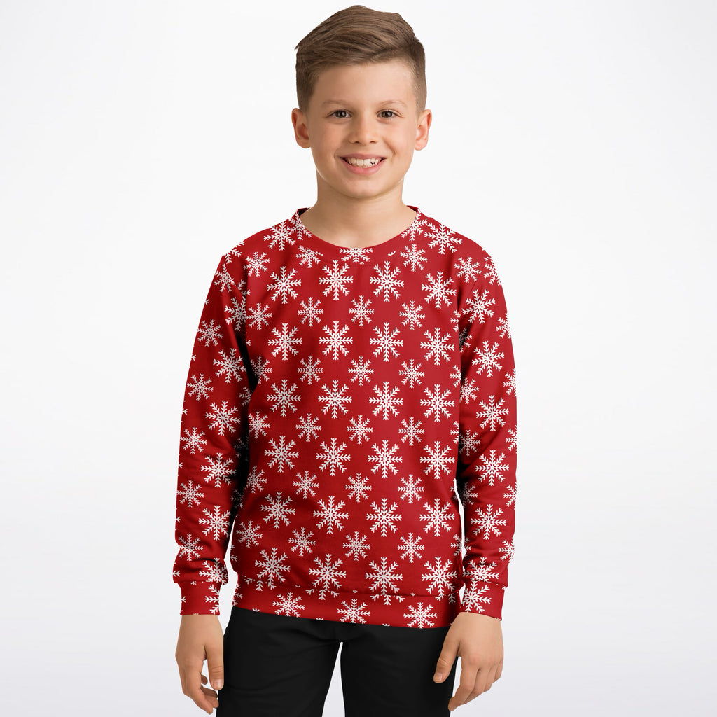 Kids Red Christmas Snowflake Sweatshirt – Ultra Soft & Stretchy, Cozy Fleece or Lightweight Sports Fabric Sweatshirt – Ultra Soft & Stretchy, Cozy Fleece or Lightweight Sports Fabric