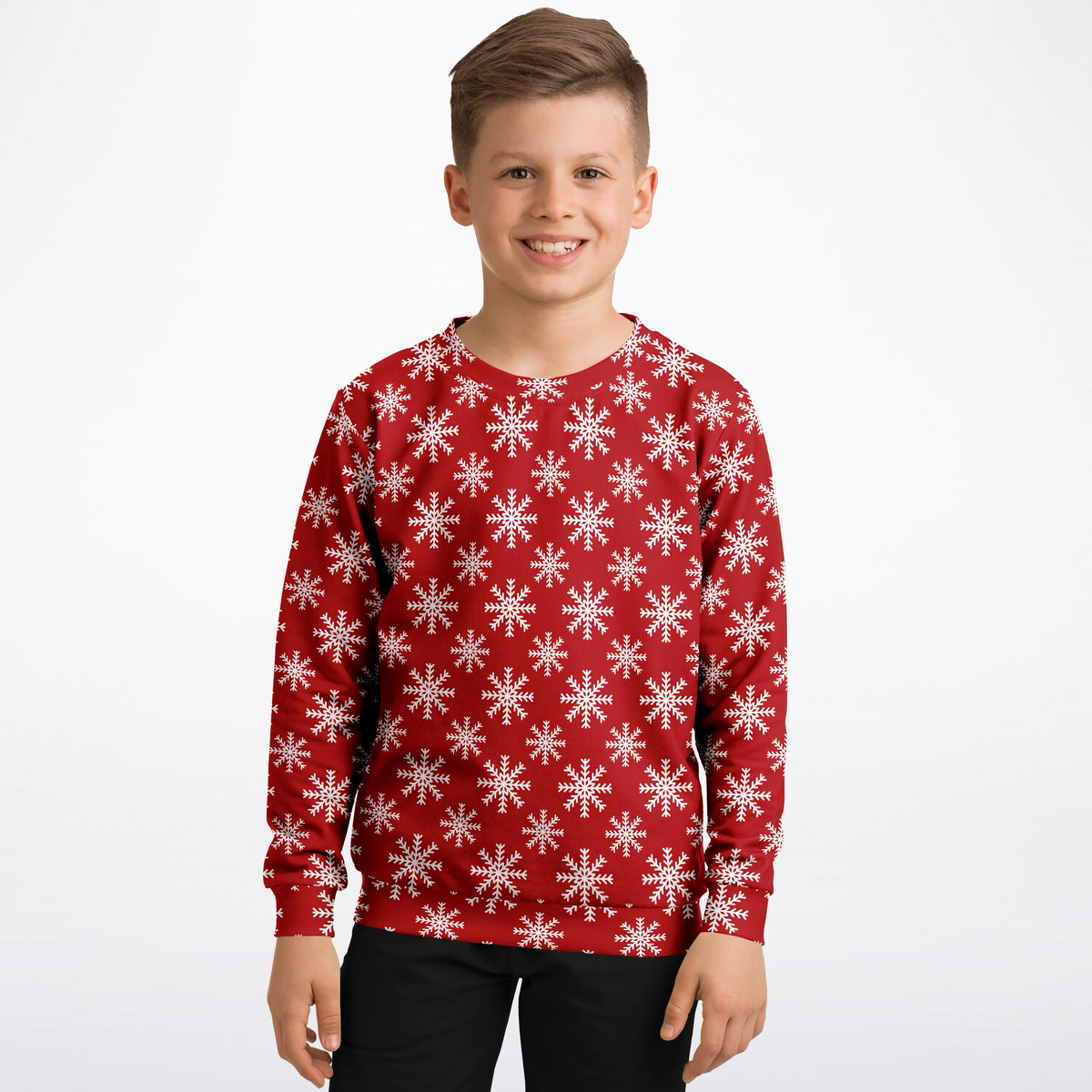 Kids Red Christmas Snowflake Sweatshirt – Ultra Soft & Stretchy, Cozy Fleece or Lightweight Sports Fabric Sweatshirt – Ultra Soft & Stretchy, Cozy Fleece or Lightweight Sports Fabric