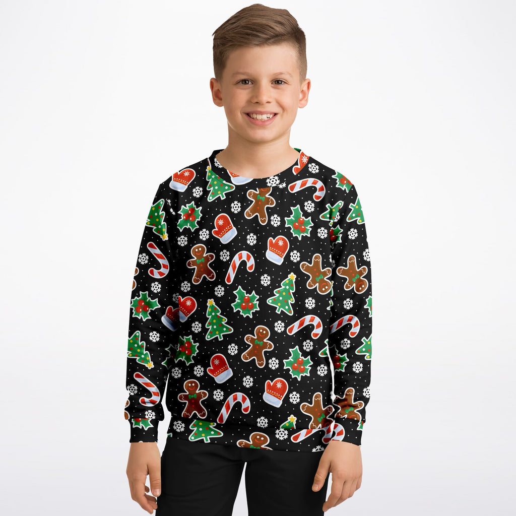 Kids Black Gingerbread Christmas Sweatshirt – Ultra Soft & Stretchy, Cozy Fleece or Lightweight Sports Fabric Sweatshirt – Ultra Soft & Stretchy, Cozy Fleece or Lightweight Sports Fabric