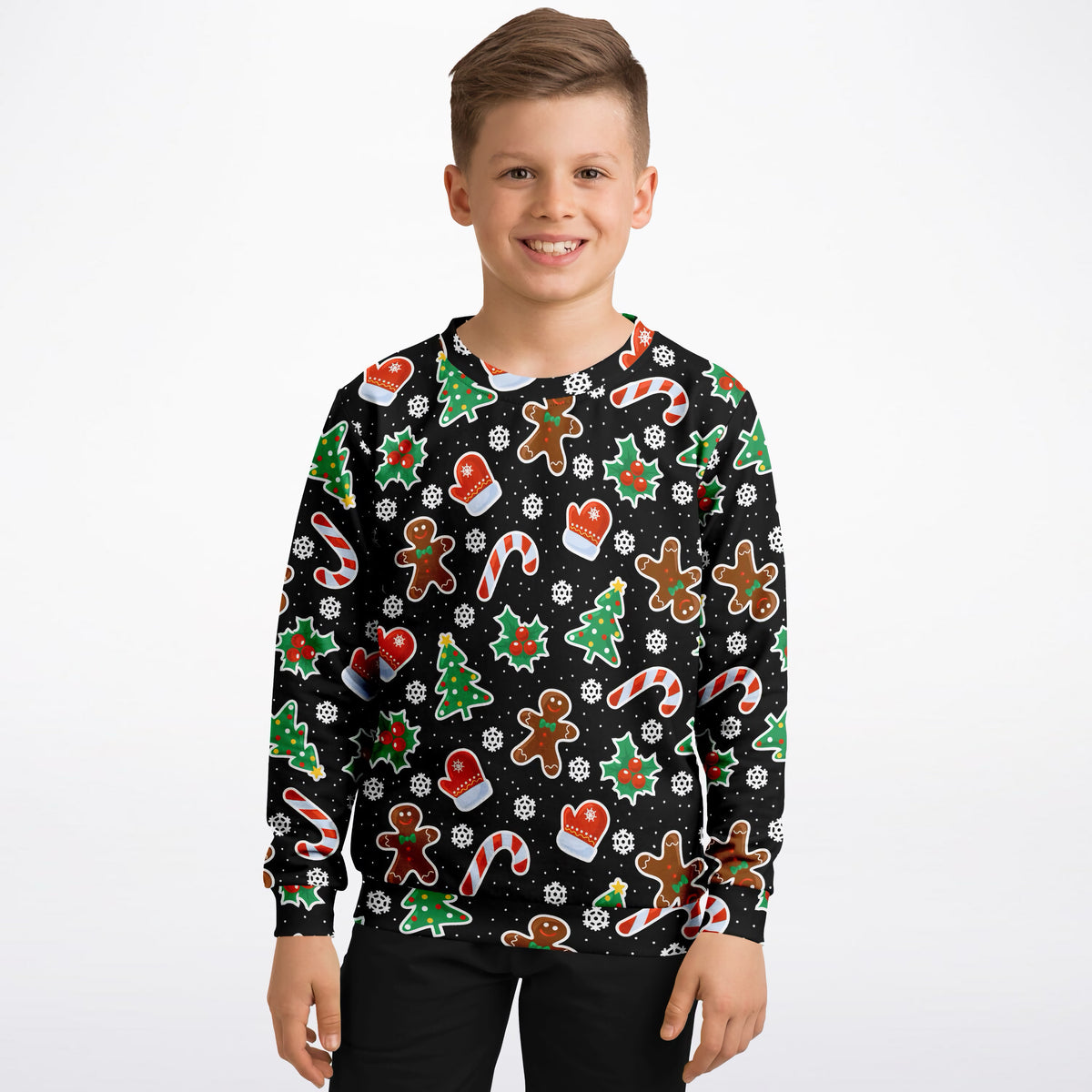 Kids Black Gingerbread Christmas Sweatshirt – Ultra Soft & Stretchy, Cozy Fleece or Lightweight Sports Fabric Sweatshirt – Ultra Soft & Stretchy, Cozy Fleece or Lightweight Sports Fabric