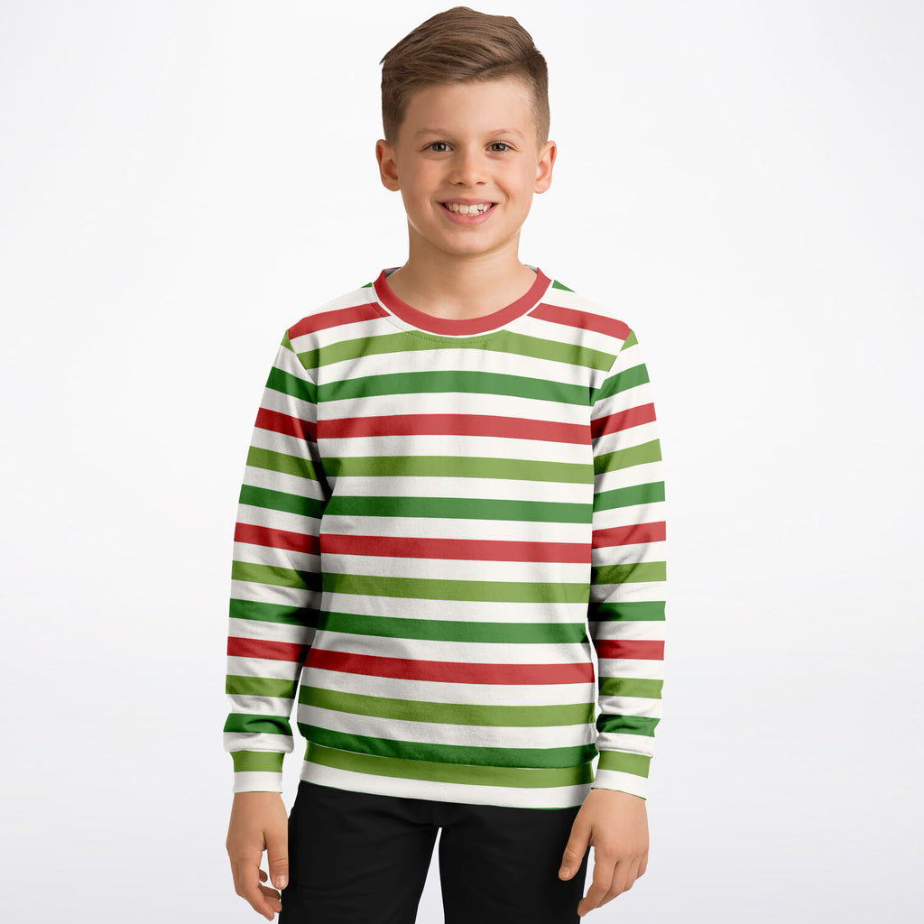Kids Red Green & White Christmas Striped Sweatshirt – Ultra Soft & Stretchy, Cozy Fleece or Lightweight Sports Fabric Sweatshirt – Ultra Soft & Stretchy, Cozy Fleece or Lightweight Sports Fabric