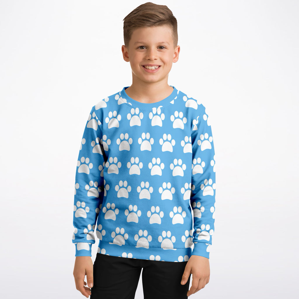 Kids Light Sky Blue Paw Print Sweatshirt – Ultra Soft & Stretchy, Cozy Fleece or Lightweight Sports Fabric Sweatshirt – Ultra Soft & Stretchy, Cozy Fleece or Lightweight Sports Fabric